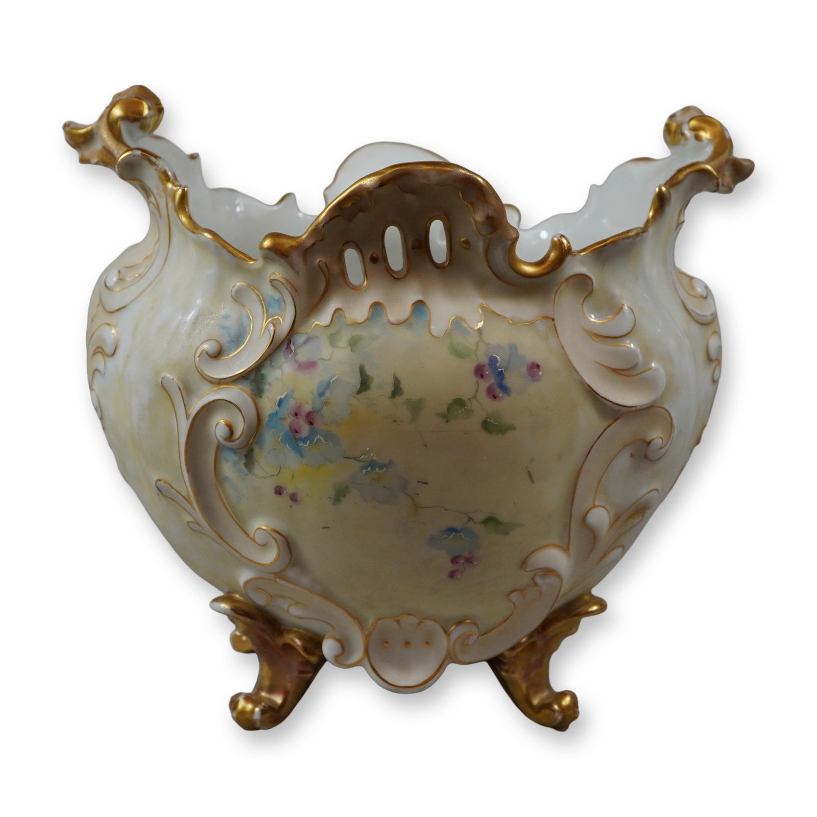 Rococo Revival Footed Porcelain Centerpiece Bowl with Gilded Accents and Floral Motif (1 of 4)