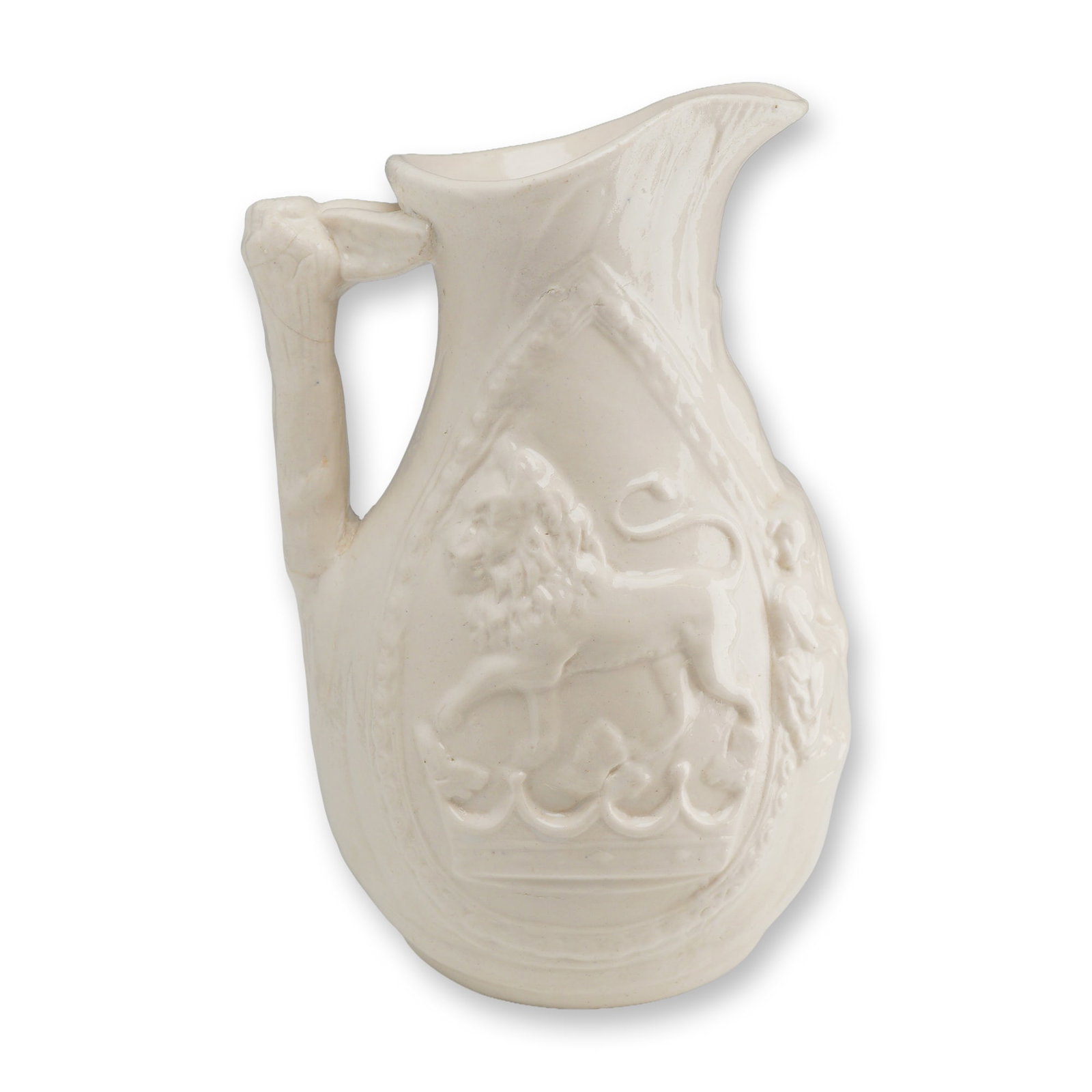 Josiah Wedgwood Commemorative Parian Ware Pitcher, Glossy: A mid-19th-century commemorative relief-molded pitcher crafted from Parian ware, a matte, unglazed porcelain. The jug features elaborate neoclassical decoration. The front displays a central oval meda