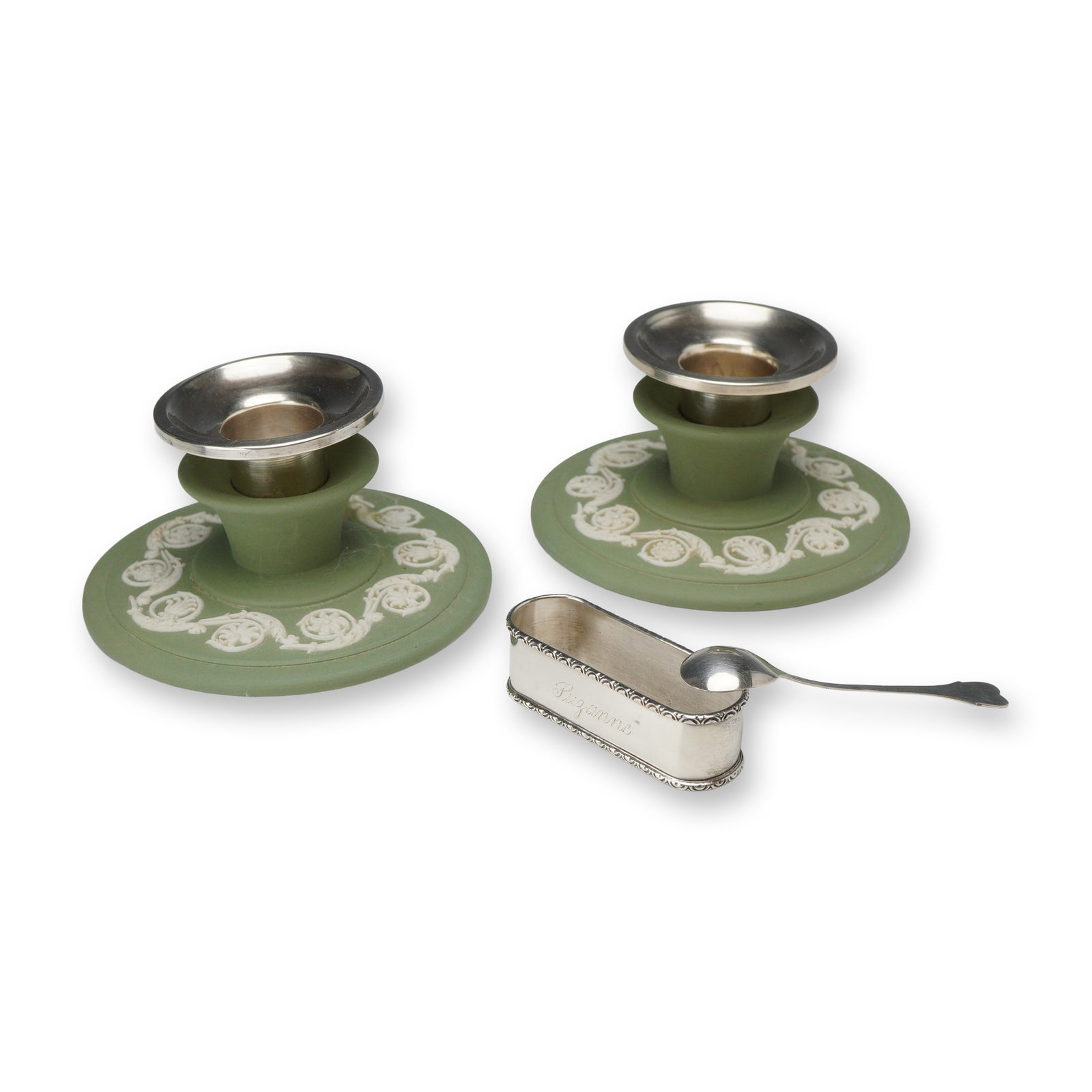 A 4pc Collection of Wedgwood Jasperware Candle Holders and Sterling Silver Table Articles (1 of 4)