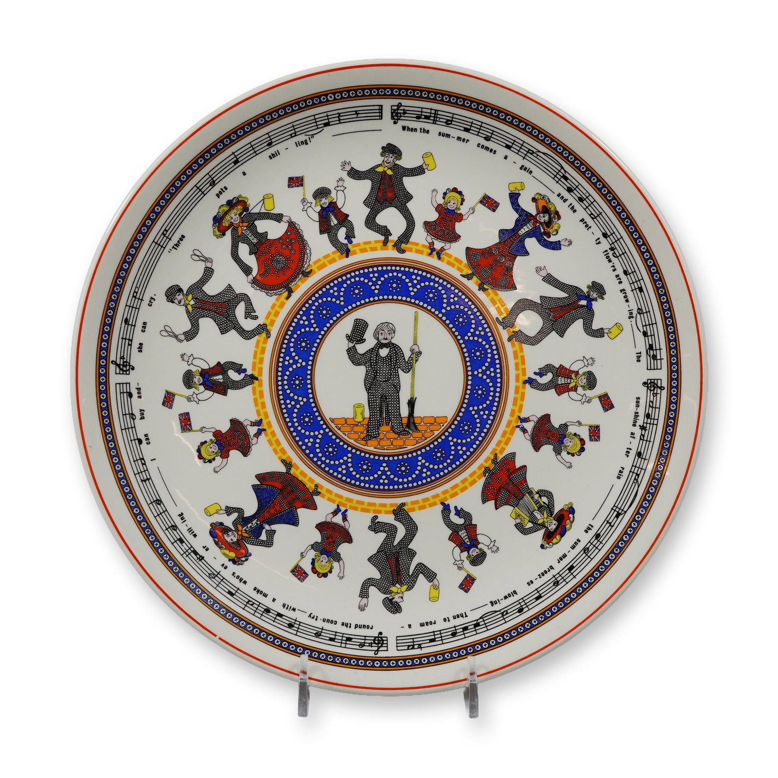 Wedgwood Pearl Binder The Pearly Kings and Queens of London Plate: A decorative fine earthenware collector plate manufactured by Wedgwood. The design, titled The Pearly Kings and Queens of London, was created by Pearl Binder. The plate features multi-color transfer-p