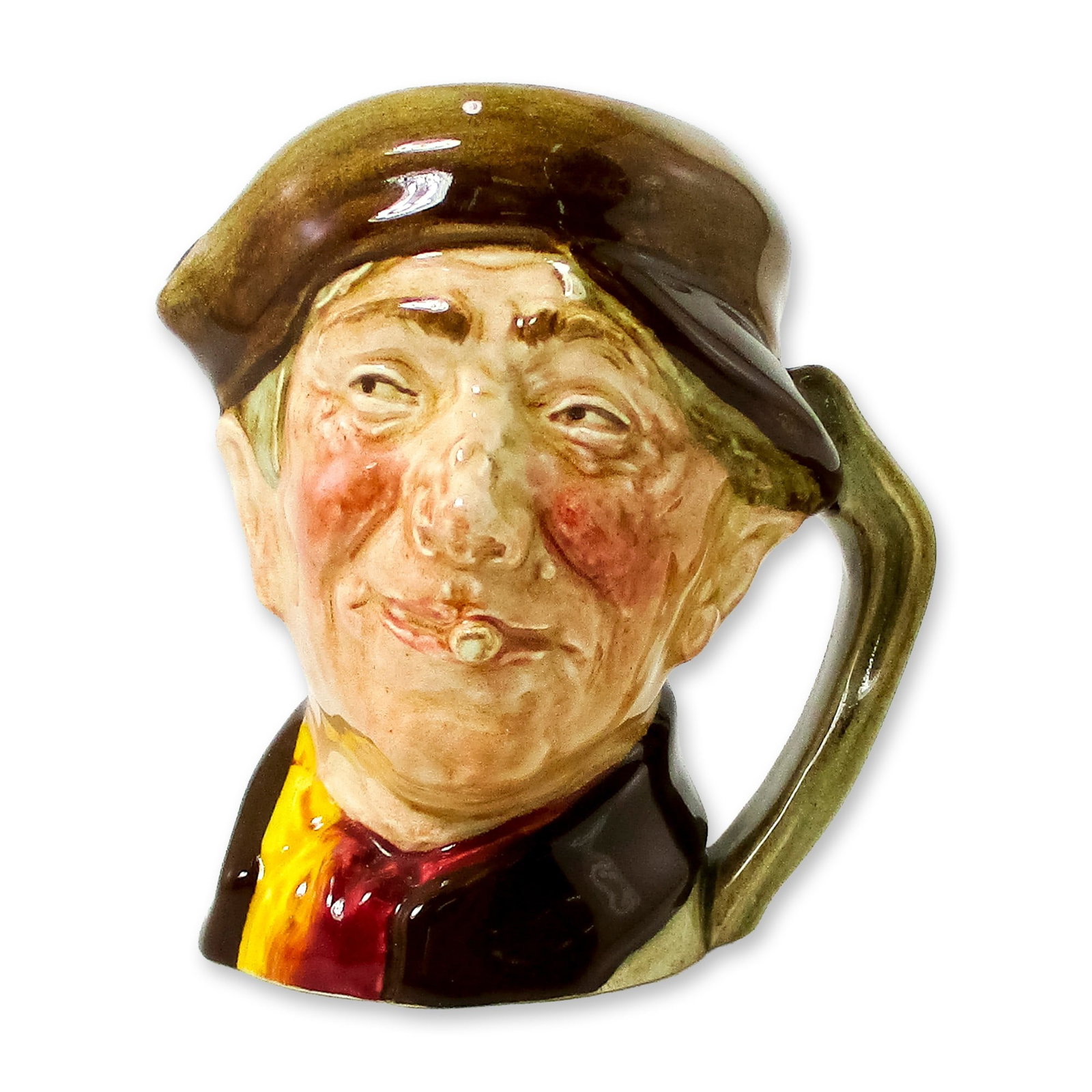 Arry D6235 - Small - Royal Doulton Character Jug: Brown hat and coat; red and yellow scarf. Arriet's husband 'Arry is also a costermonger, plying his trade in London. He is a variation of the Pearly Boy character jug. The original design featured the