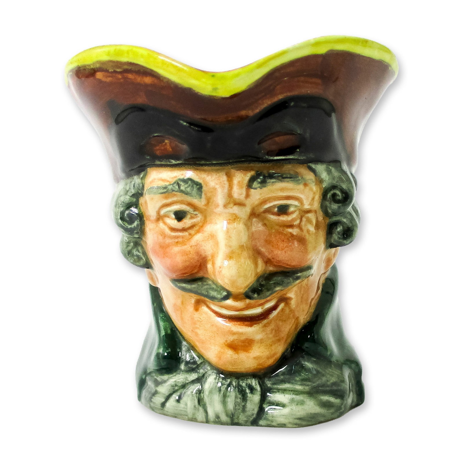 Dick Turpin D5618 Small Doulton Character Jug: Style One. Brown hat; black mask up; green coat; white cravat. Dick Turpin (1705 - 1739) joined forces with fellow highwayman Tom King, whom he accidentally shot. Before he died, King betrayed him. Th