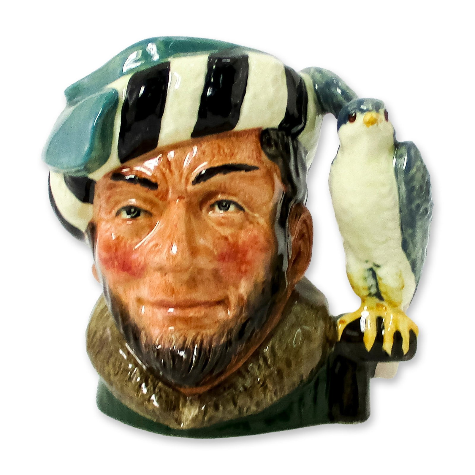 Falconer D6540 - Small - Royal Doulton Character Jug: Variation One. Green with black and white striped fur hat; green coat; grey and white falcon. Once called the sport of kings, falconry is the art of training birds of prey for the hunt. The sport bega