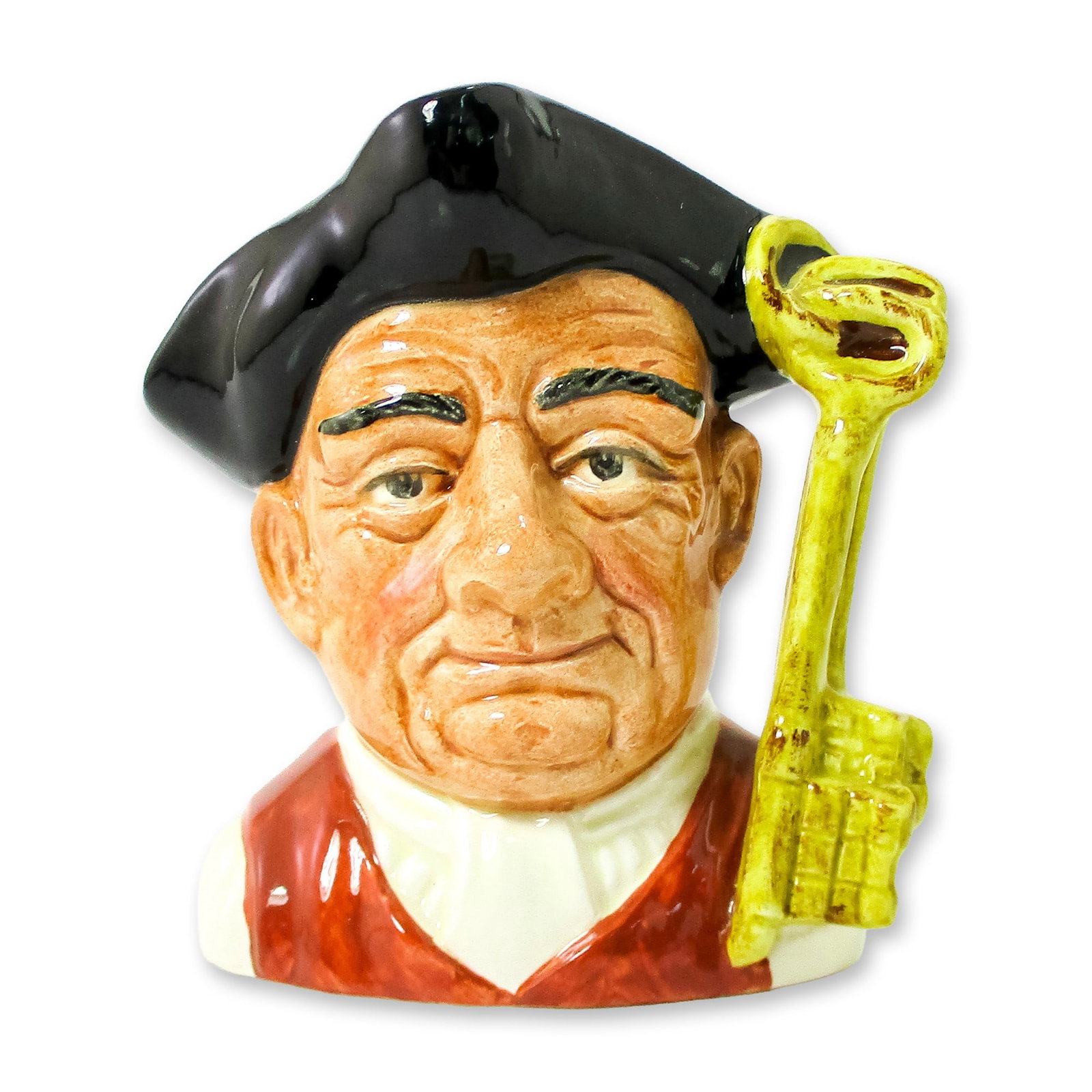 Gaoler D6577 - Small - Royal Doulton Character Jug: Black tricorn; white shirt; red vest. Series: Characters From Williamsburg. Royal Doulton backstamp. Artist: David B. Biggs Dimensions: 3.75"H Date or Era: 1963 - 1983 Manufacturer or Brand: Royal Dou