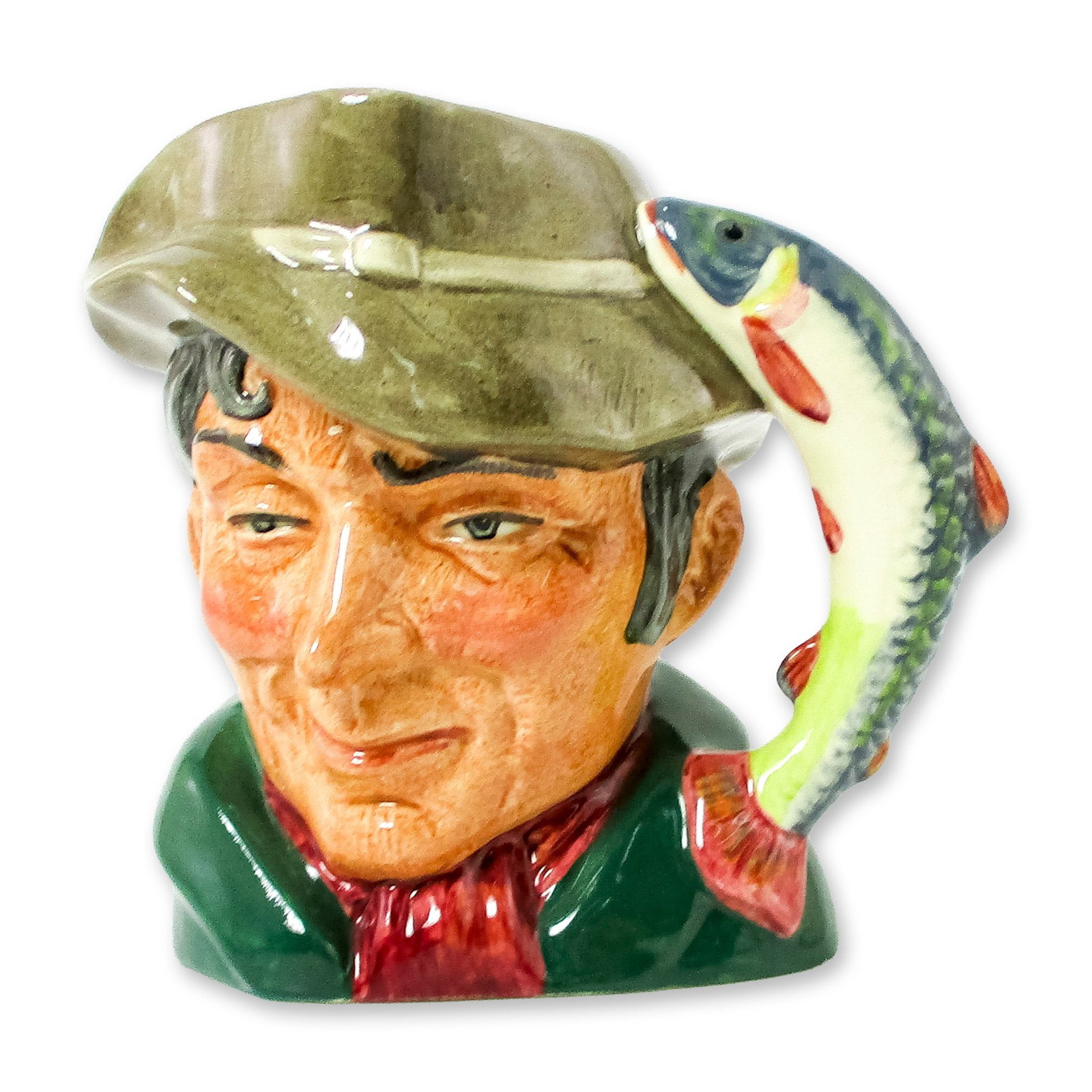 Poacher D6464 - Small - Royal Doulton Character Jug: Variation One. Green coat; red scarf; light brown hat. Royal Doulton backstamp. Artist: Max Henk Dimensions: 4"H Date or Era: 1957 - 1995 Manufacturer or Brand: Royal Doulton Country of Origin: <