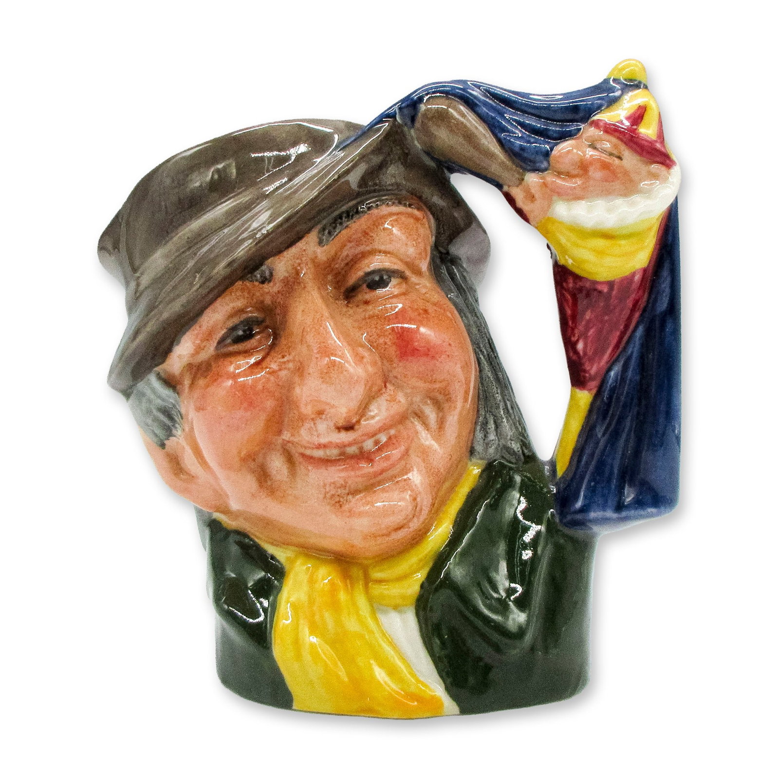 Punch and Judy Man D6593 Small Royal Doulton Character Jug: Brown hat; green coat; yellow scarf. Royal Doulton backstamp. Artist: David B. Biggs Dimensions: 3.5"H Date or Era: 1964 - 1969 Manufacturer or Brand: Royal Doulton Country of Origin: England