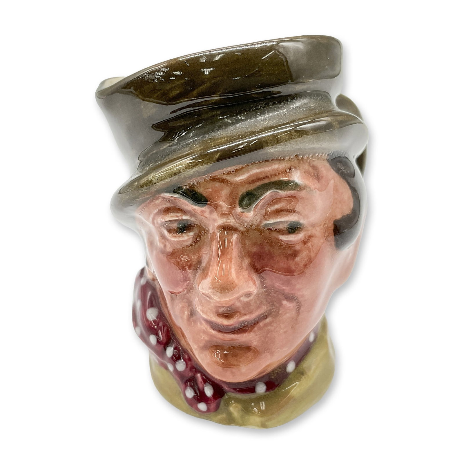 Sam Weller D6140 - Mini - Royal Doulton Character Jug: Dark brown hat; light brown coat; red kerchief with white spots. Royal Doulton backstamp. Artist: Leslie Harradine and Harry Fenton Dimensions: 2.25"H Date or Era: 1940 - 1960 Manufacturer or Brand: R