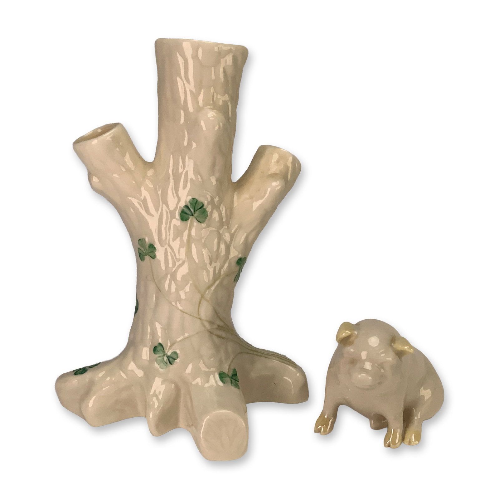 2pc Belleek Pottery Shamrock Tree Trunk Vase & Porcelain Pig Figurine (1 of 4)