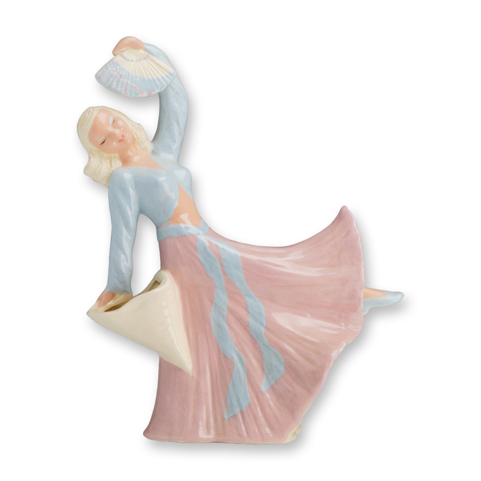 Hedi Schoop California Pottery Lady with Fans Ceramic Figurine: This mid-century modern ceramic figurine is a work by Hedi Schoop, produced in California during the mid-20th century. The piece depicts a stylized lady with fans in a dancing pose, with her head tilt