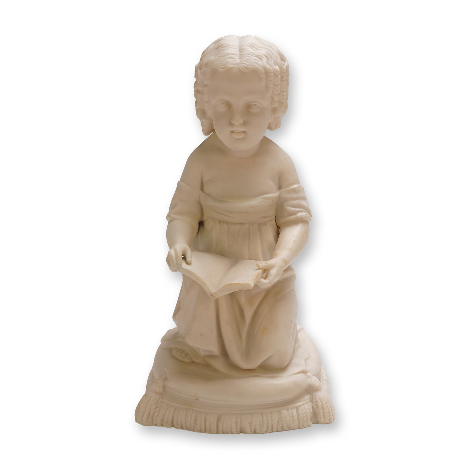 Parian Figure of a Seated Girl Reading, No. 178: A charming 19th-century Parian ware figure of a young girl seated and reading from an open book, modeled in fine detail with ringlet hair and gathered dress. The figure is posed kneeling on a tasseled