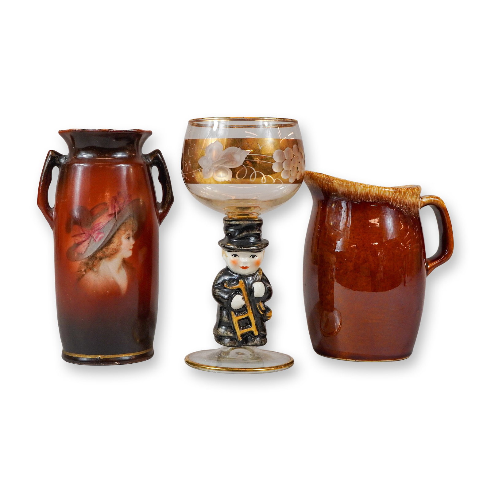 3pc Hull Pottery Pitcher, Hummel Style Wine Glass, and Czechoslovakian Portrait Vase (1 of 3)