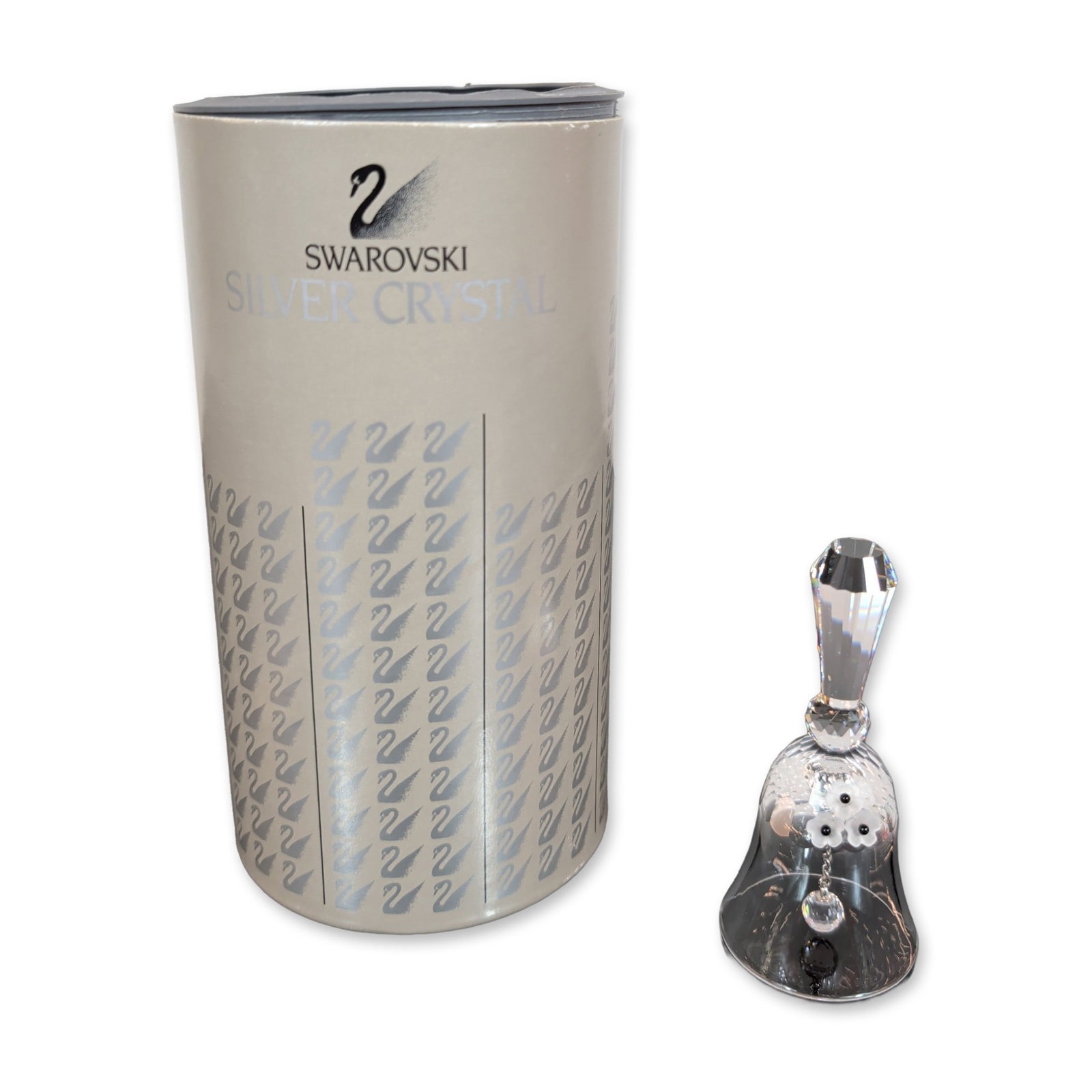 Swarovski Silver Crystal Small Table Bell: A faceted crystal bead clapper is suspended from a silver-tone chain. Acid-etched swan logo mark is present on the interior rim. Accompanied by original Swarovski Silver Crystal cylindrical cardboard 