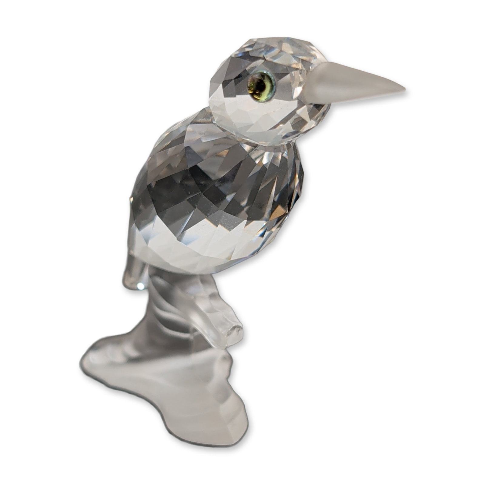 Swarovski Crystal Figurine, Kingfisher: Swarovski crystal figurine depicting a kingfisher perched on a branch. The piece is constructed with a faceted clear lead crystal body and head, featuring a long, tapered frosted beak and small blue i