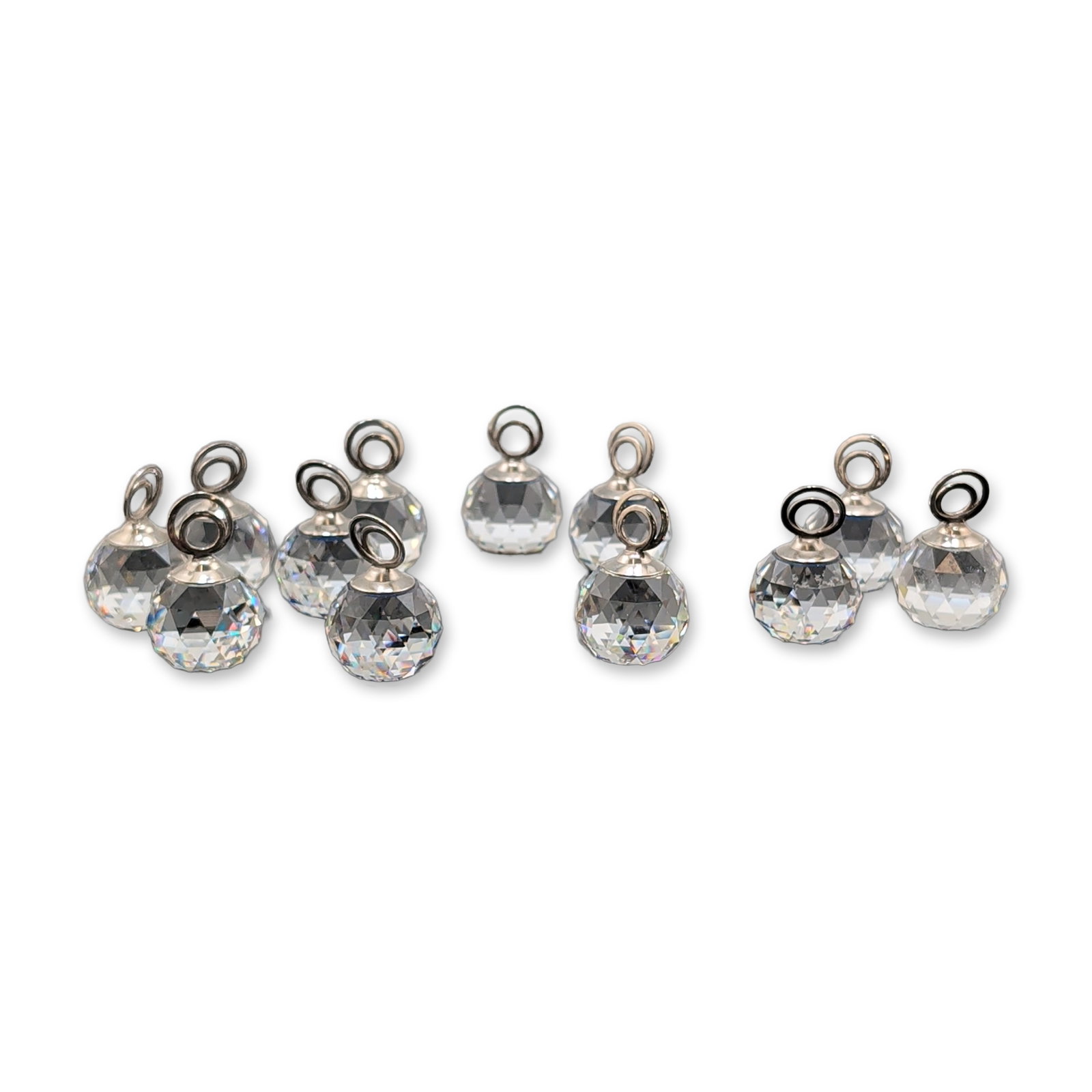 Swarovski Crystal Party Set Card Holders - 12pc in 2 Boxes: Two complete sets, totaling twelve card holders. Each card holder features a round faceted sphere, set with a silver-tone metal cap joined with silver-tone metal wire loops. Components are housed in
