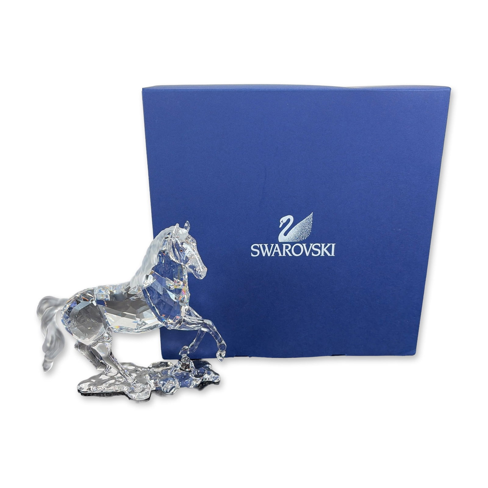 Swarovski Crystal Figurine, Stallion: Swarovski crystal stallion figurine, model number 0898508. The figure is composed of faceted clear lead crystal with a contrasting frosted crystal mane and tail, depicted in a dynamic rearing pose ato