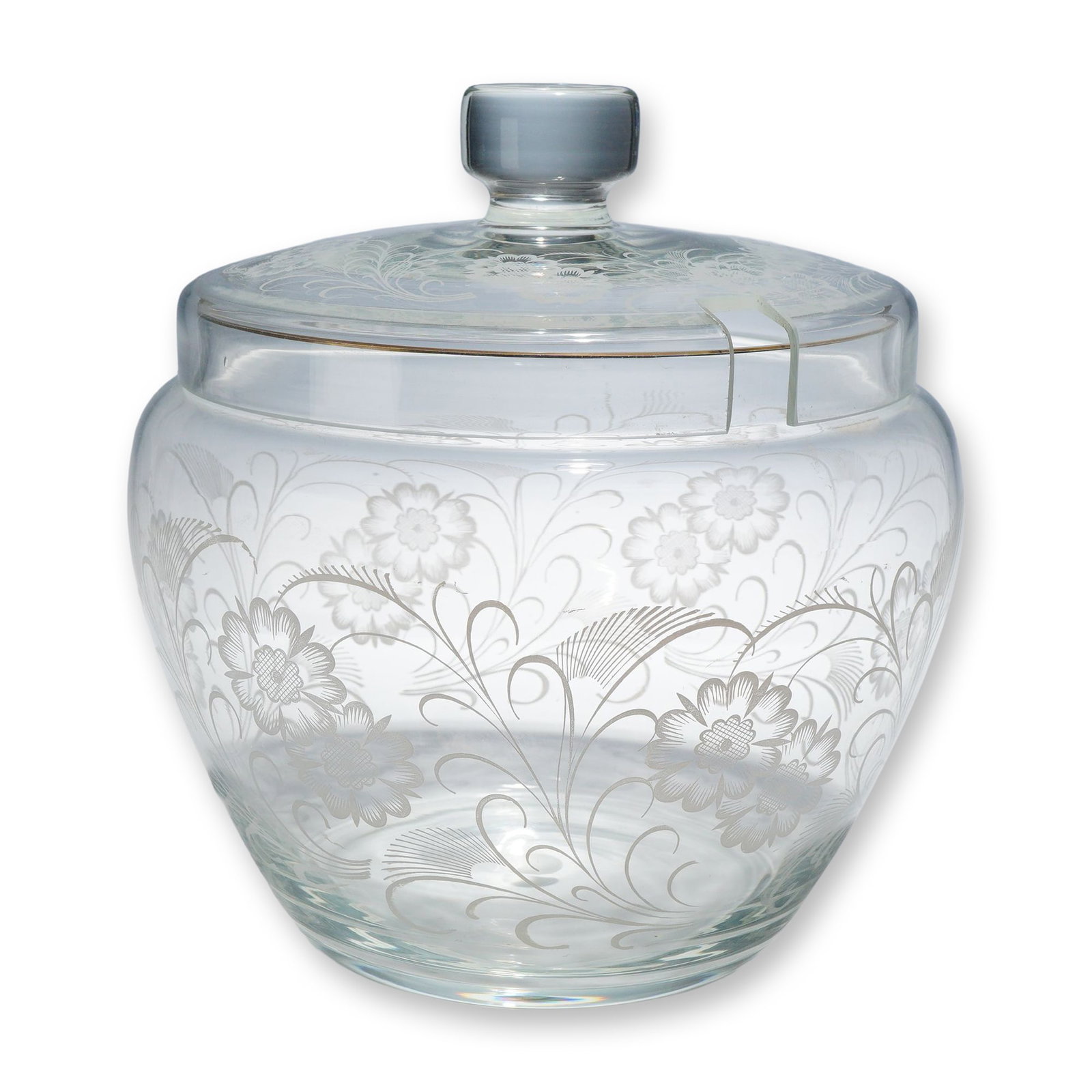 Engraved Glass Lidded Punch Bowl with Gilt Rim: A large clear glass lidded bowl featuring a wheel-engraved floral and foliate pattern. The design includes multi-petaled blossoms with cross-hatched centers, interconnected by scrolling vines and