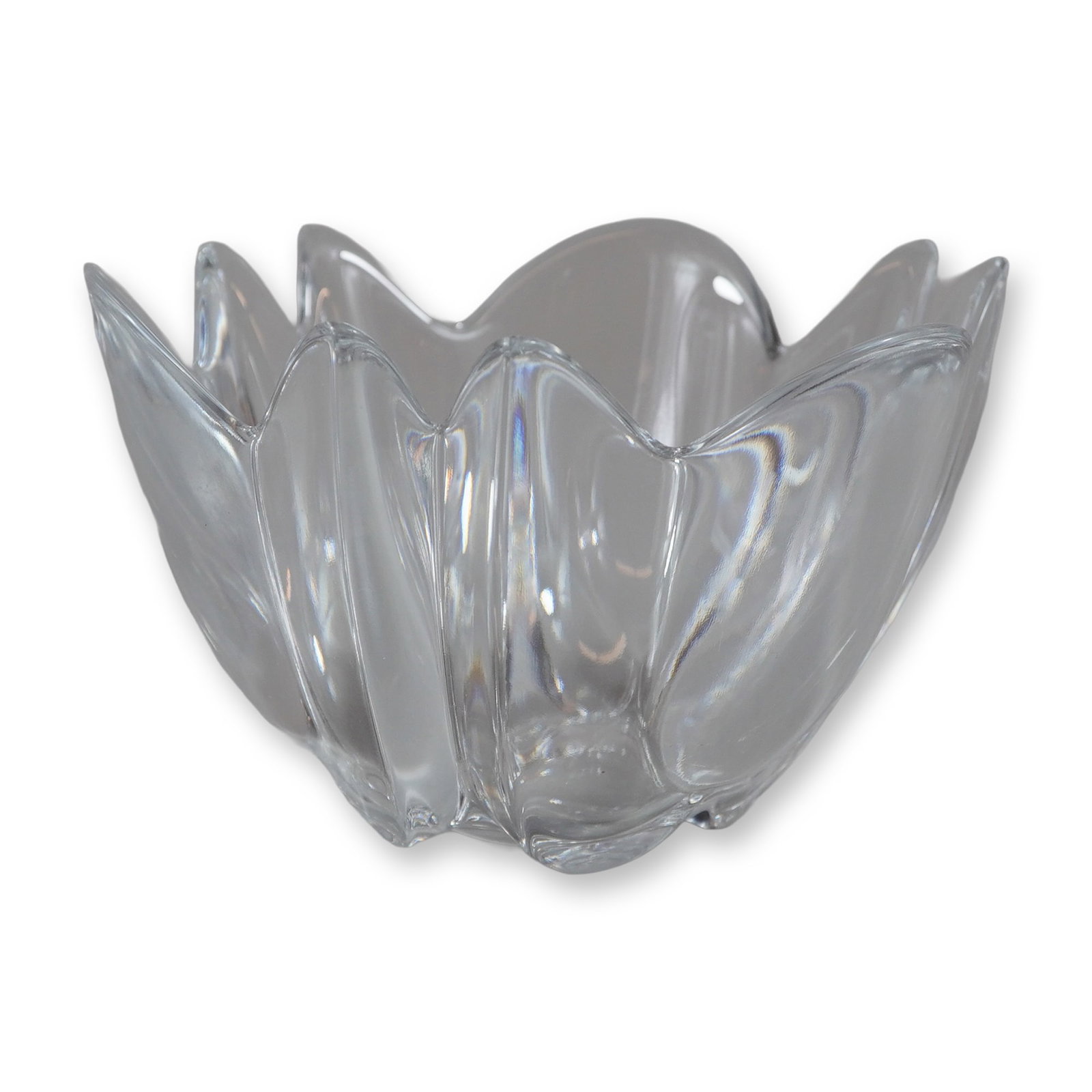 Orrefors Clear Crystal Tulip Pattern Bowl: This clear crystal bowl is produced by Orrefors of Sweden. The piece features a heavy, multi-lobed body with a flared, wavy rim, consistent with the Tulip or Lotus pattern. The design is