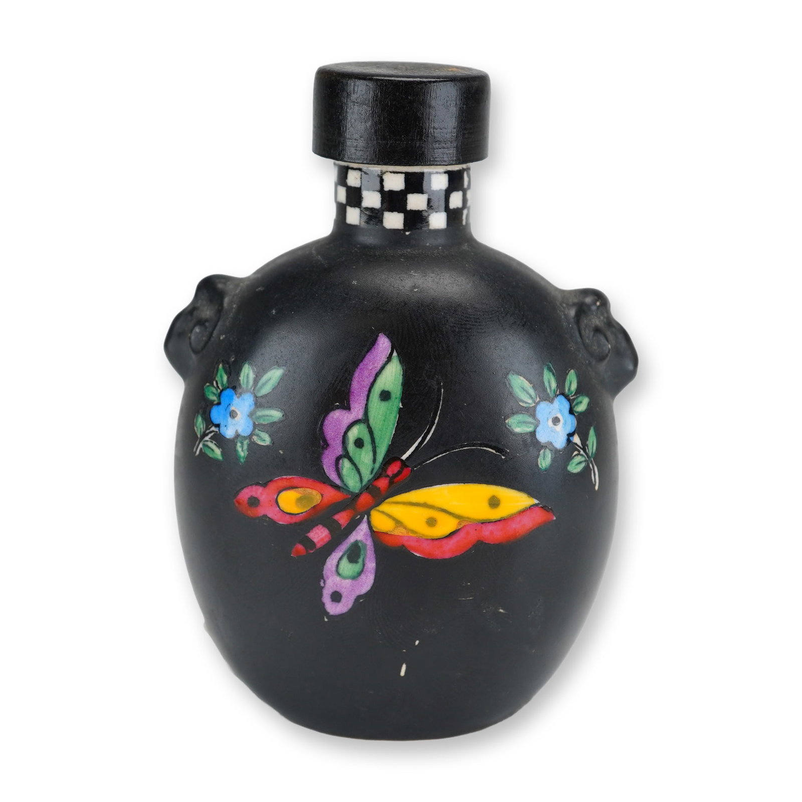 Wedgwood Black Basalt Japanese Style Butterfly Perfume Bottle: This Art Deco period perfume bottle is produced by Wedgwood and designed in the form of a traditional Japanese snuff bottle. The piece is constructed from black basalt stoneware with a characteristic 