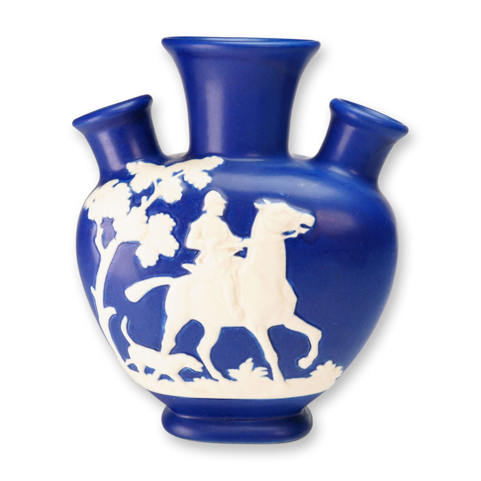 Weller Pottery Chase Pattern Triple Spouted Bud Vase with Equestrian Relief: A fine Weller Pottery bud vase in the Chase pattern, produced in Zanesville, Ohio, during the Art Deco period, circa 1920s. The vessel features a flattened ovoid ceramic body finished in a deep matte 