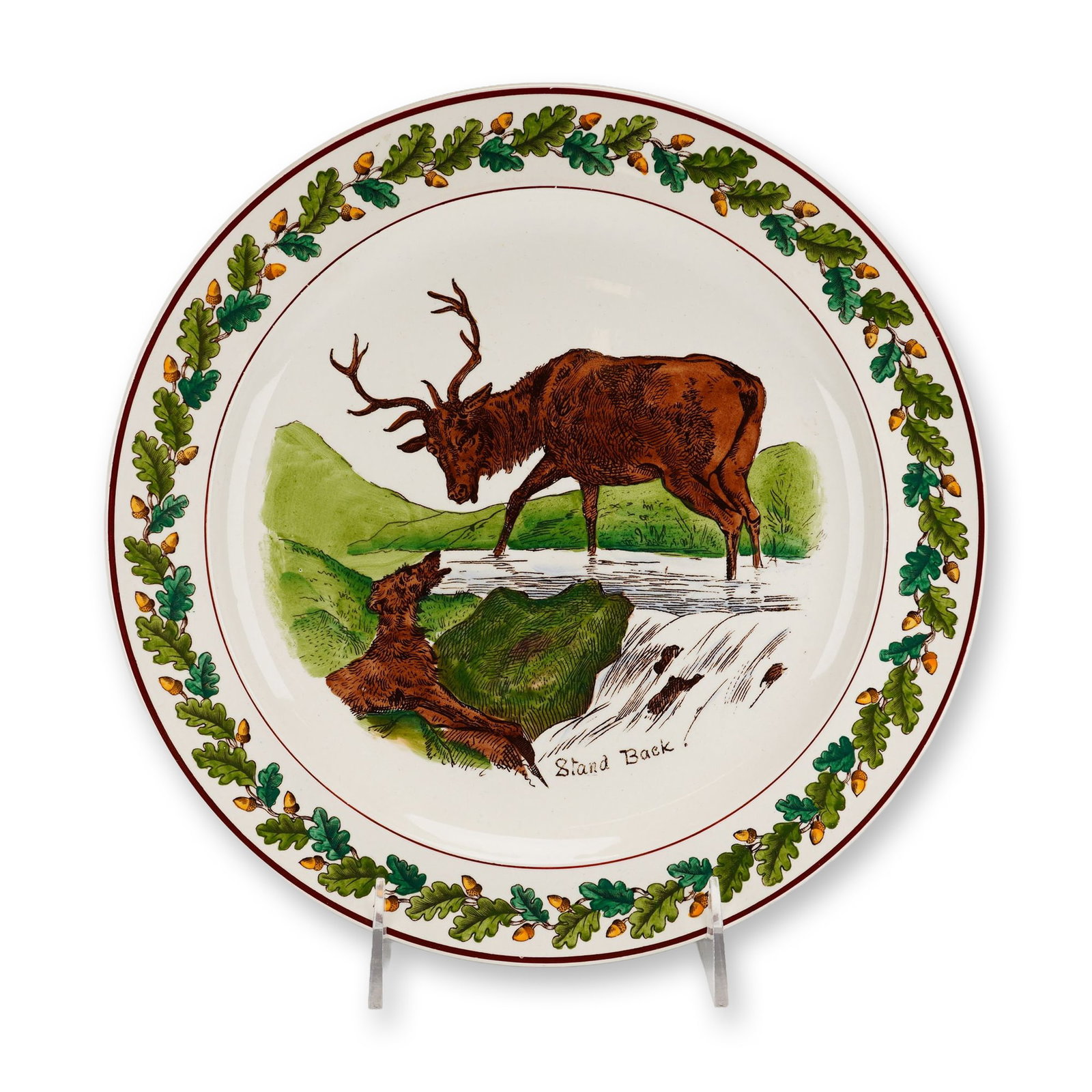 Wedgwood Etruria Earthenware Plate, Stand Back!: Wedgwood Eutria earthenware plate features a detailed scene of a stag and hound, with a distinctive oak leaf and acorn boarder. Wedgwood Made in England imprinted backstamp. Rubin Collection. Dimensio
