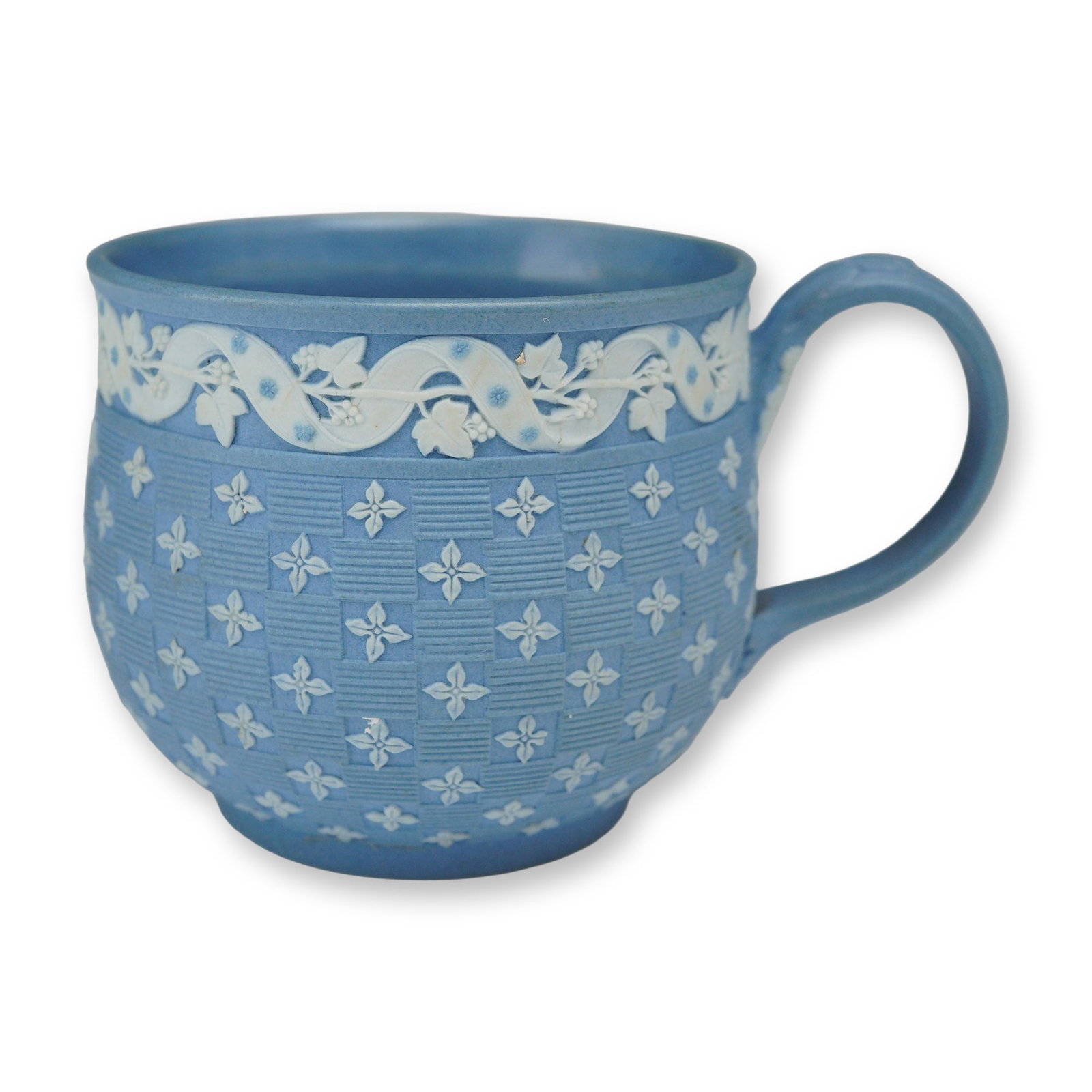 Wedgwood Queensware Blue and White Miniature Teacup: A Wedgwood miniature Queensware teacup featuring a light blue body with white sprigged relief decoration. The base is marked with the impressed stamp WEDGWOOD and the numeral 3. The main body is decor
