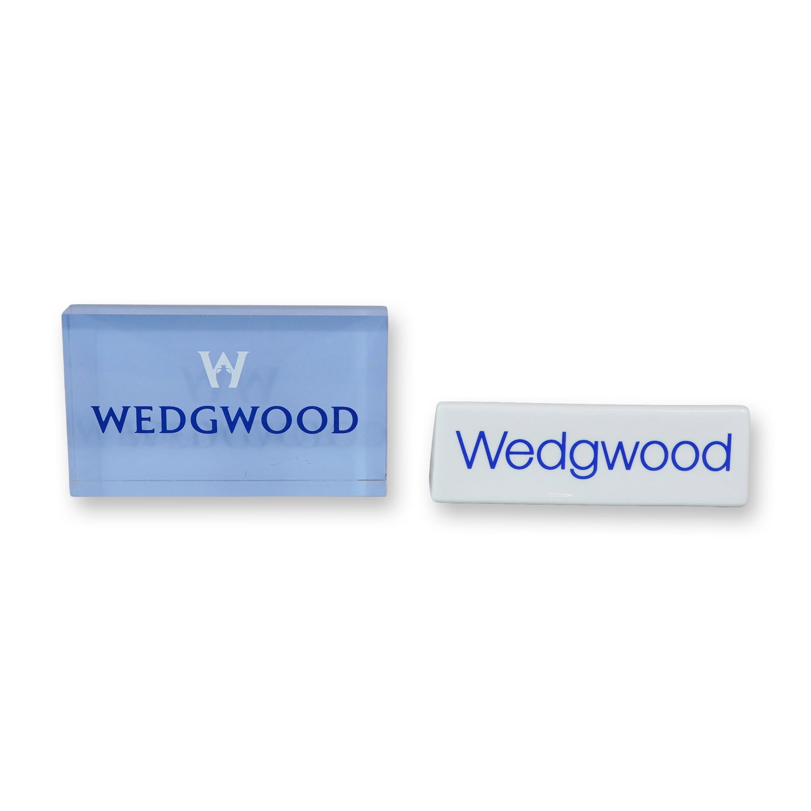 2pc Wedgwood Point-of-Sale Advertising Display Signs: This lot consists of two retail display signs manufactured for Wedgwood storefronts and authorized dealers. The first sign is a rectangular translucent blue block, likely constructed from acrylic or h