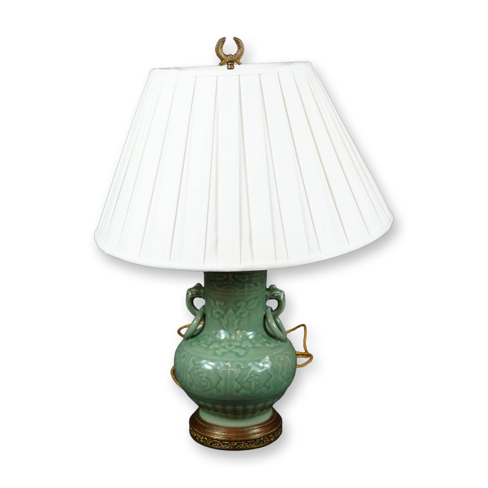 Chinese Celadon Glazed Porcelain Hu-Form Vase Table Lamp with Shade (1 of 6)
