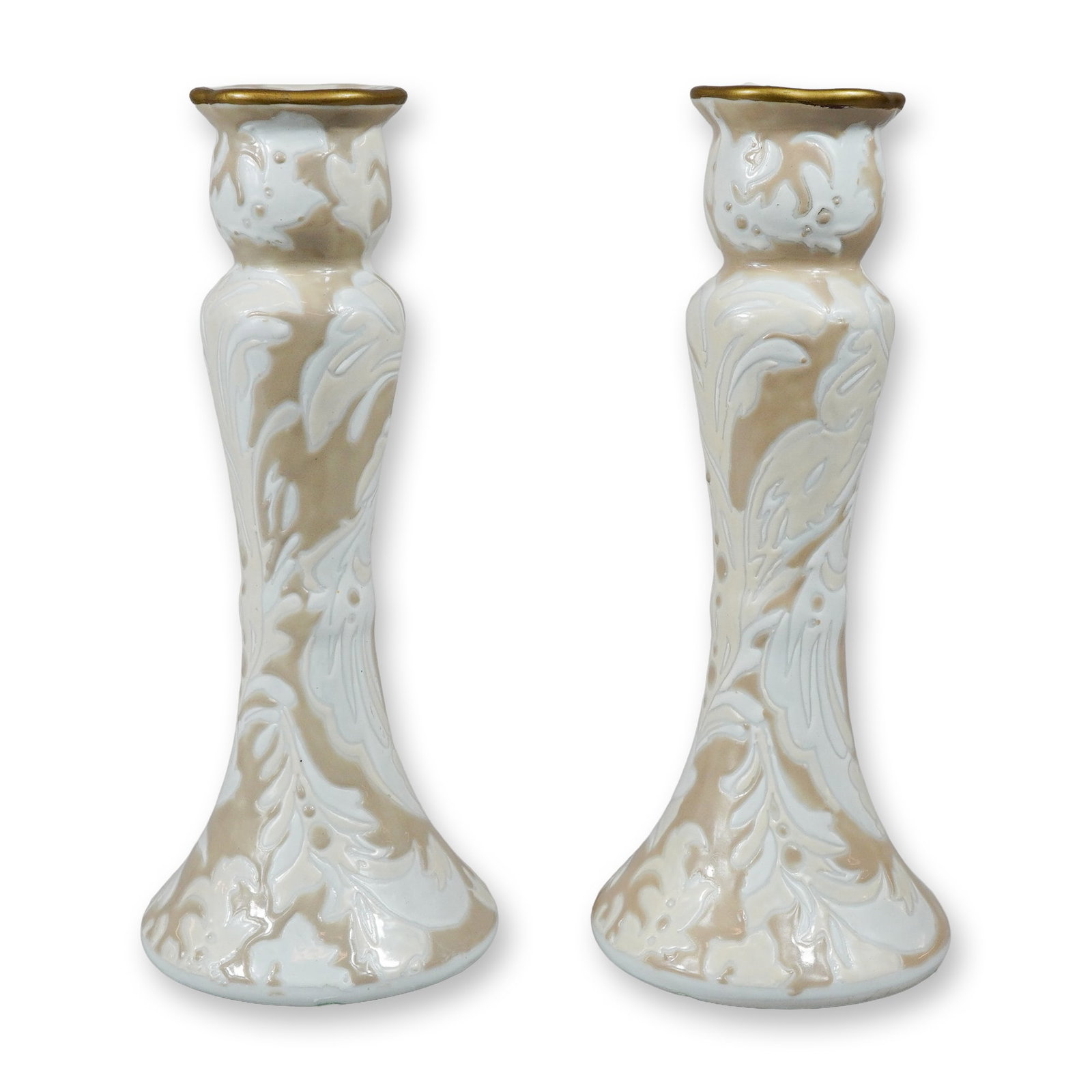 2pc Decorative Beige and White Tall Porcelain Candle Holders (1 of 3)