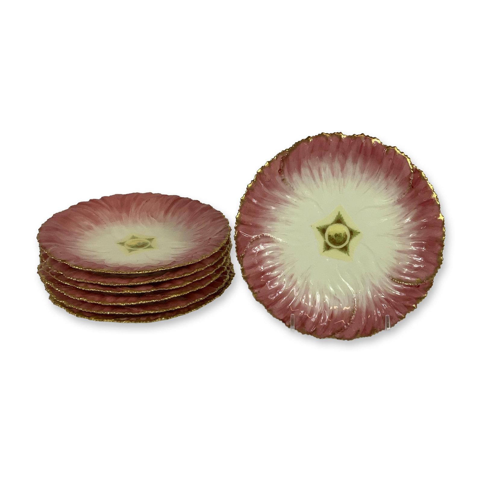 7pc Bailey Banks and Biddle Austrian Porcelain Floral Plates: This set features seven porcelain plates expertly crafted in a stylized floral form. Each plate features a central white well accented with a green and yellow floral pistil motif. From the center, the