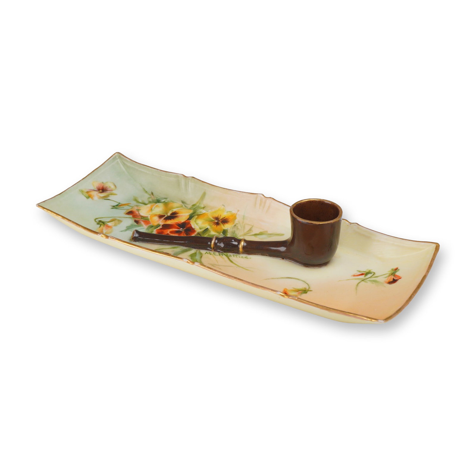 AK CD French Hand Painted Porcelain Pipe Rest Ashtray Signed M.E. Nattice (1 of 3)