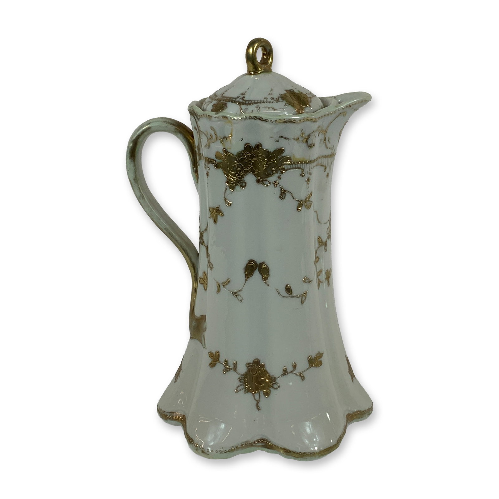 Japanese Hand Painted Gilt Porcelain Tea Pot: This hand-painted porcelain teapot features a matching lid and a tall, slender, faceted body. The form tapers toward the top and flares into a lobed and scalloped foot. It includes a single C-scroll h