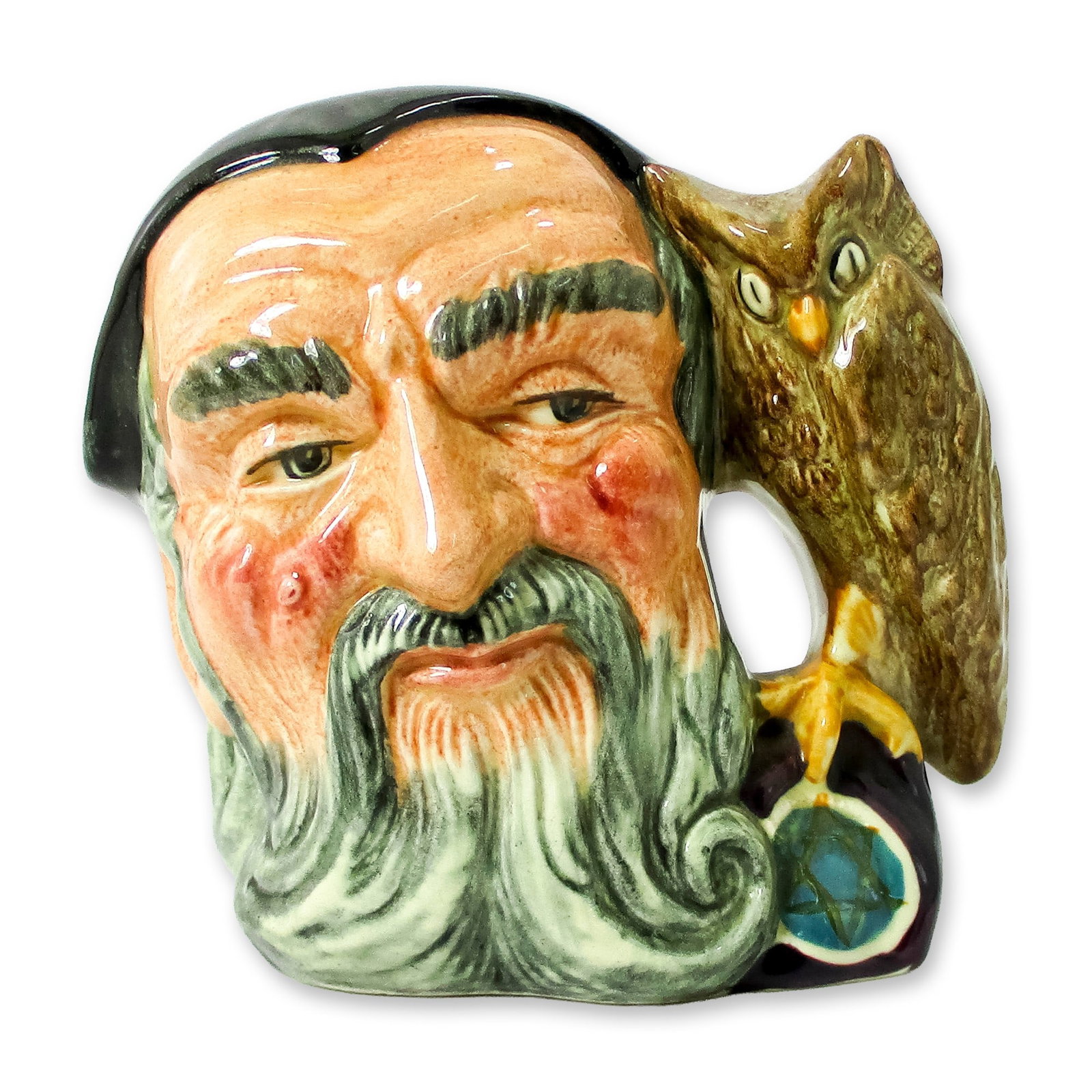 Merlin D6536 - Small - Royal Doulton Character Jug: Style One, owl handle. Black, grey, and brown coloration. Series: Characters From Literature; Mystical Characters. Royal Doulton backstamp. Artist: Garry Sharpe Dimensions: 3.75"H Date or Era: 1960 - 
