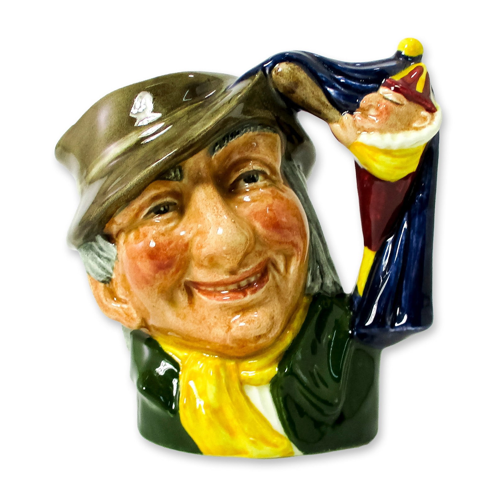 Punch and Judy Man D6593 Small Royal Doulton Character Jug: Brown hat; green coat; yellow scarf. Coming to England in the 17th century by way of Italy and France, the Punch and Judy puppet show features Punch, the hunchbacked boastful husband, who beats his sh