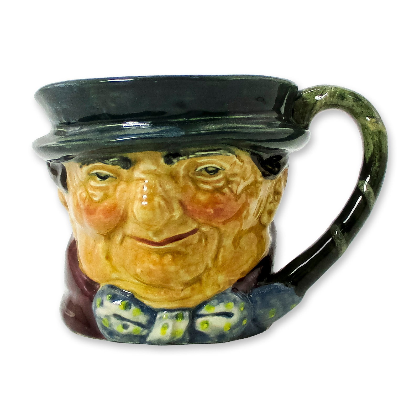 Tony Weller D5530 - Small - Royal Doulton Character Jug: Dark grey hat; maroon coat; grey-white bow with yellow spots. Series: Charles Dickens' Characters. Royal Doulton backstamp. Artist: Leslie Harradine and Harry Fenton Dimensions: 3.25"H Date or Era: 19