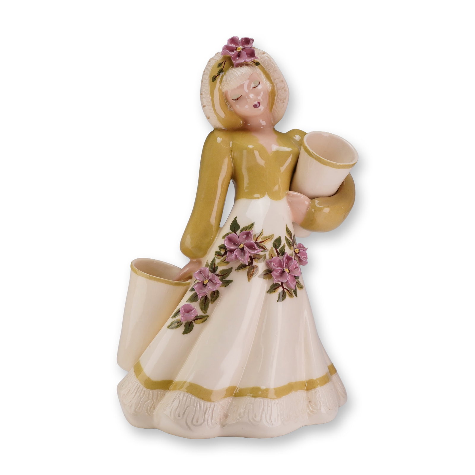 Hedi Schoop California Pottery Figural Double Planter Vase: This mid-century glazed ceramic figurine was produced by Hedi Schoop in Hollywood, California. The piece depicts a woman in stylized period dress, featuring a wide-brimmed bonnet with an applied pink 