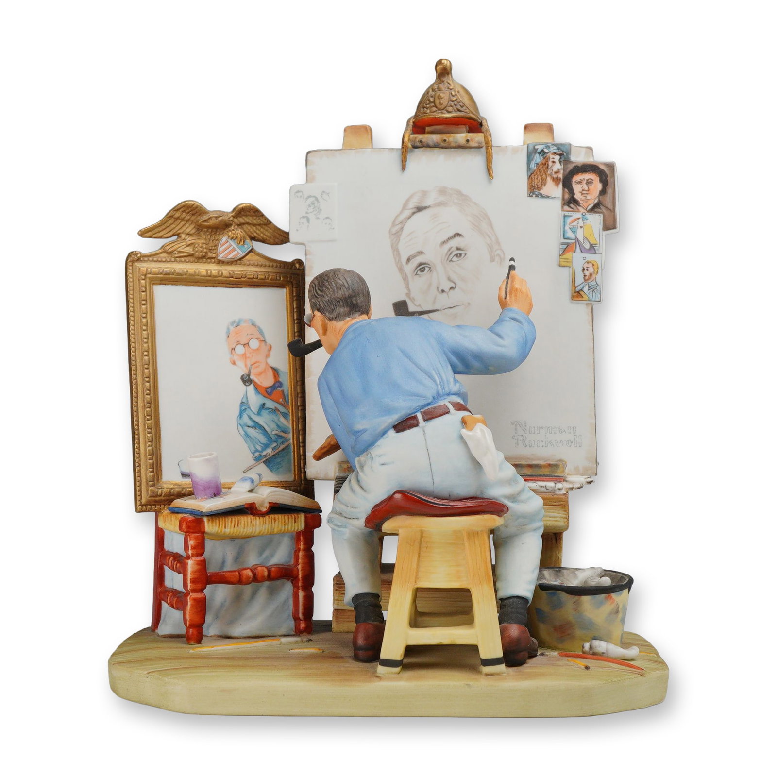 Norman Rockwell Large Limited Edition Porcelain Figurine Self-Portrait by Gorham 1978: A large hand-painted bisque porcelain figurine titled Self-Portrait produced by the Gift World of Gorham in 1978. This limited edition piece is a three-dimensional reproduction of the iconic Triple Se