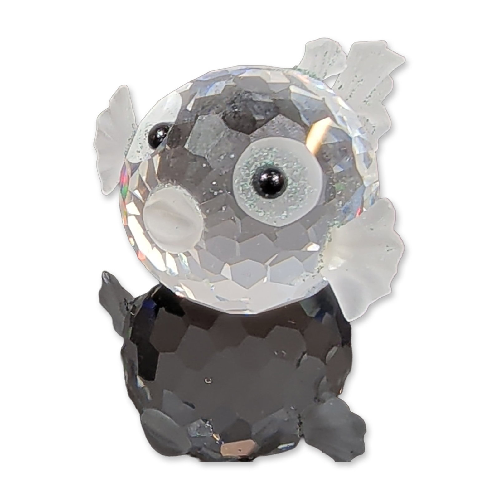 Swarovski Silver Crystal Blowfish Figurine: Swarovski. Blowfish figurine in faceted and frosted crystal, featuring a spherical faceted clear crystal body with three frosted crystal fins, a matching tail, and black inset eyes. Etched Swarovski s