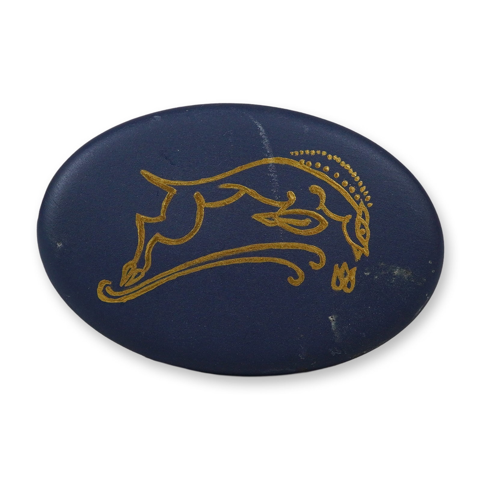 Wedgwood Blue Jasperware Gilded Leaping Gazelle Medallion Sample: A Wedgwood jasperware oval medallion in a deep cobalt blue matte finish. The front features a gilded line-art design of a leaping horse in a stylized Art Deco or Mid-Century Modern style, with a