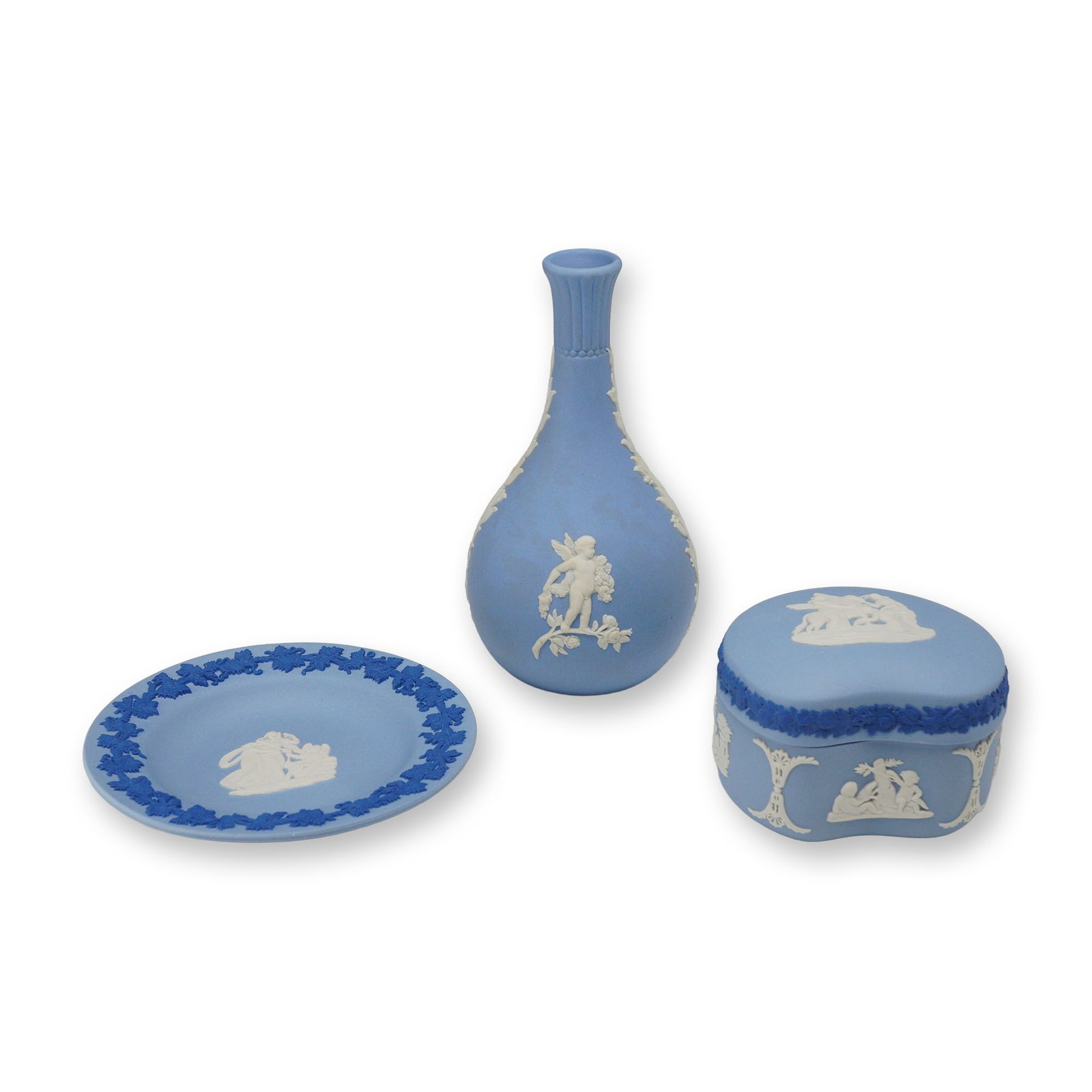 Three-Piece Stamped Wedgwood Jasperware Set Including Dish, Bud Vase, and Lidded Box (1 of 3)