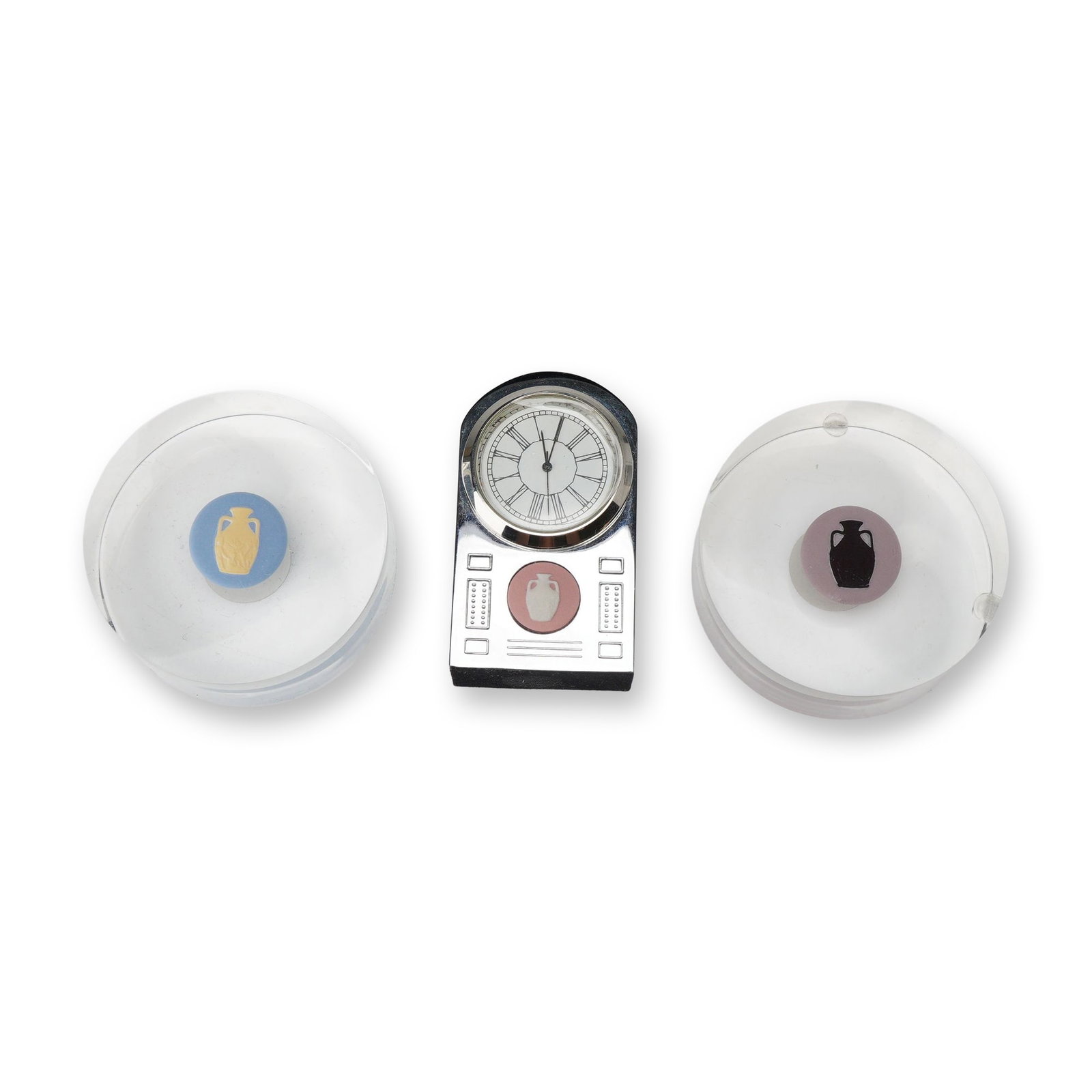 Three-Piece Wedgwood Desk Set Including Small Clock and Two Buttons Encased in Lucite (1 of 3)