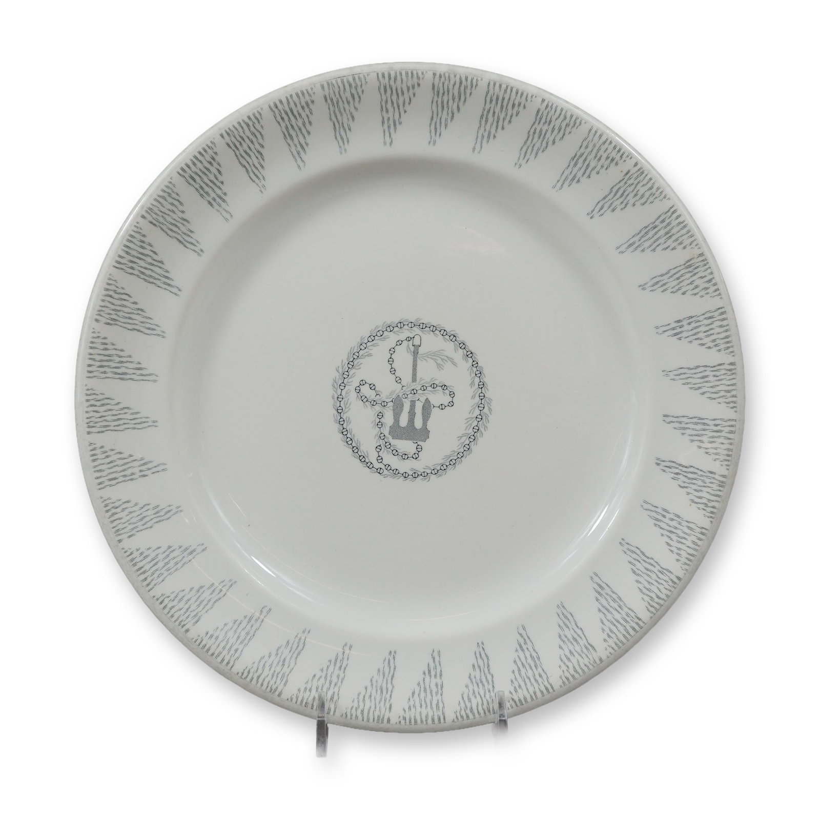 Wedgwood Orient Line Gray Transfer-Printed Fouled Anchor Pattern Plate: This gray transfer-printed creamware plate was manufactured by Wedgwood at their Barlaston factory for the Orient Steam Navigation Company, also known as the Orient Line. The pattern, designed by Robe