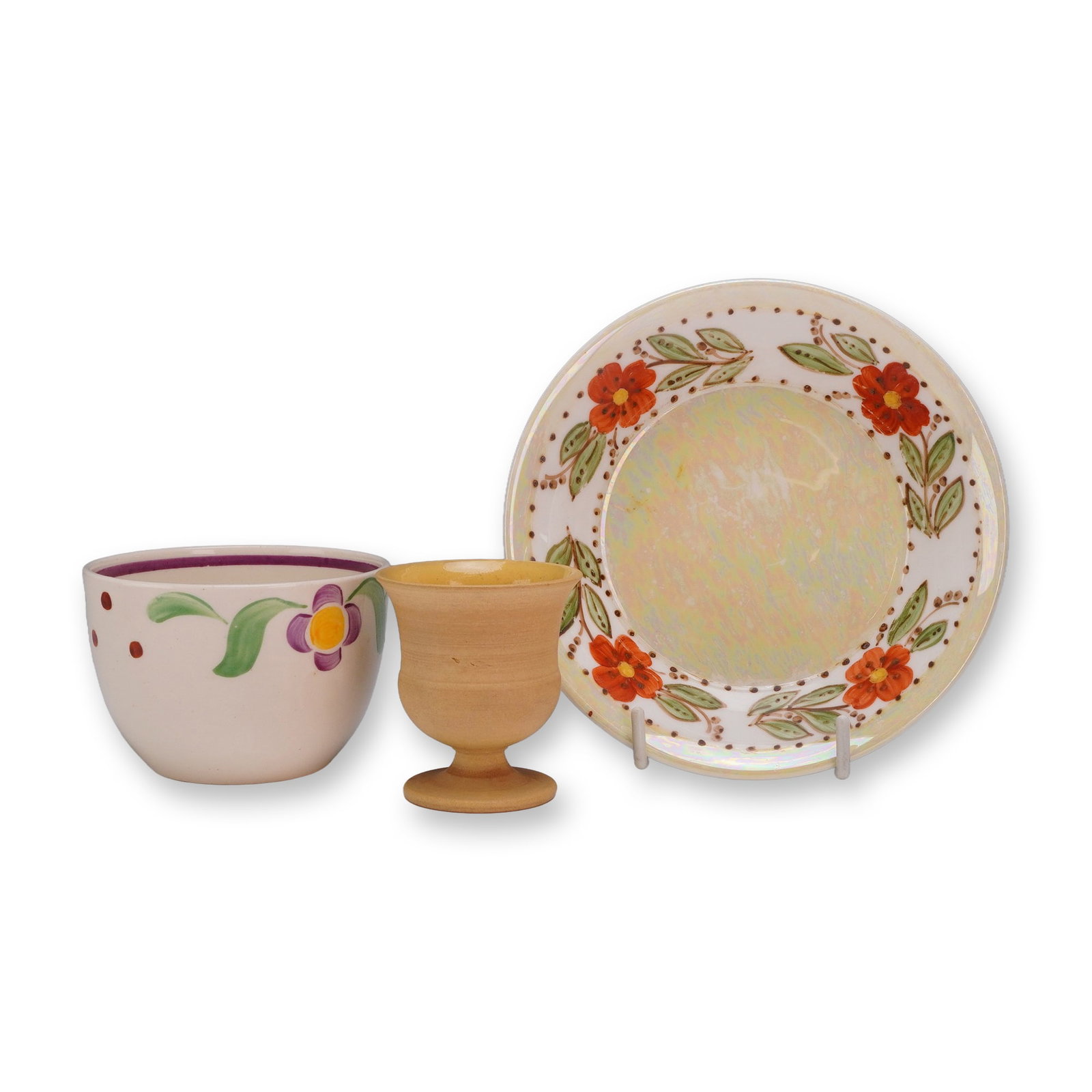A Trio of Ceramics Including Wedgwood Hand Painted Wares: This collection consists of three ceramic items. The first is a Wedgwood bone china bowl featuring a hand painted floral border of orange flowers and green leaves, with the rim and center finished in 