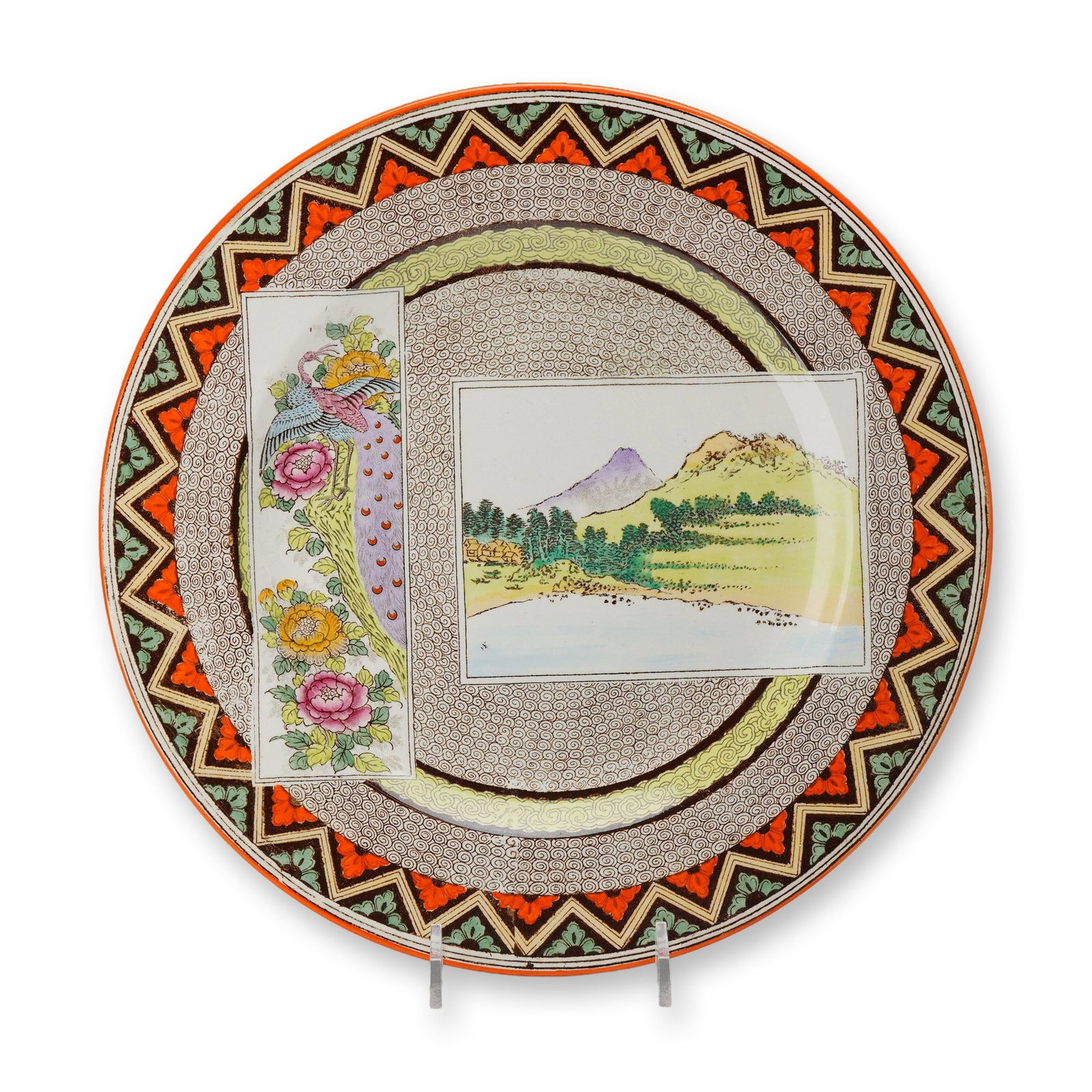 Wedgwood Etruria Mekado Pattern Japonesque Earthenware Plate: A Wedgwood earthenware cabinet plate in the Mekado pattern, reflecting the Japonesque style of the late 19th-century Aesthetic Movement. The central design features two overlapping rectangular reserve