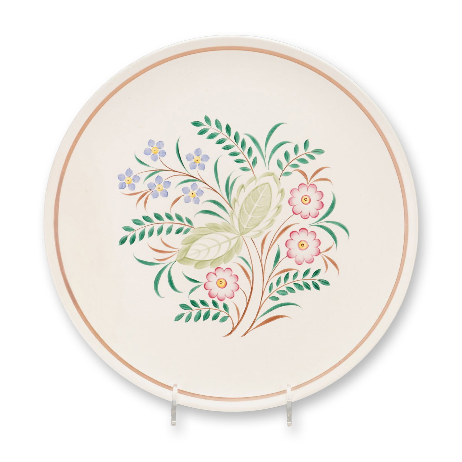 Wedgwood Queen's Ware Springtime Pattern Platter: This Wedgwood platter is composed of fine earthenware, specifically the factory's Queen's ware, featuring a matte Moonstone glaze. The Springtime pattern was designed by Millicent Taplin and introduce
