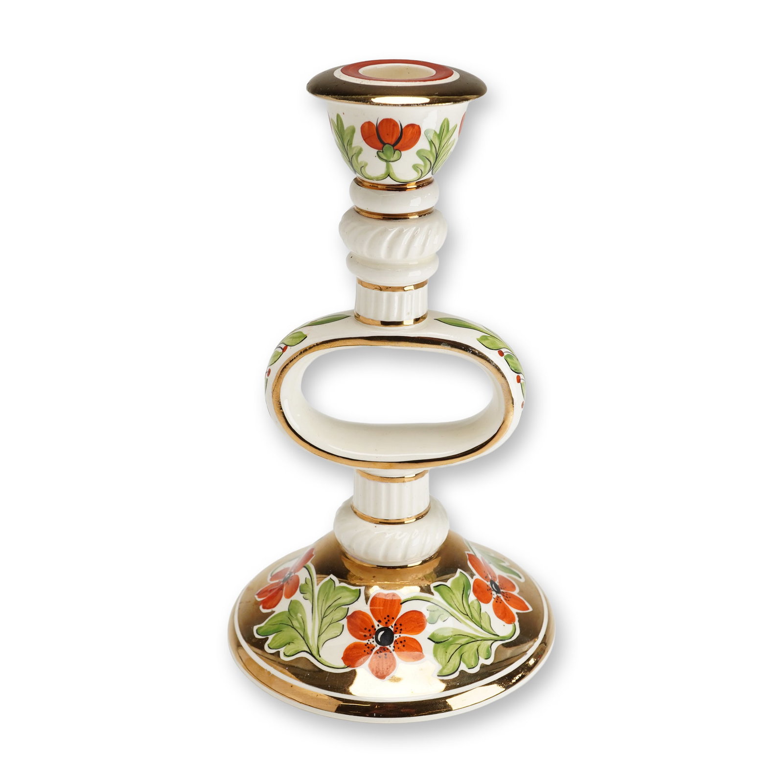 Wedgwood Hand-Painted Floral and Gilt Luster Ceramic Candlestick: This decorative ceramic candlestick was manufactured by Wedgwood in England. The piece features a wide, flared circular base that tapers into a knopped stem, which is interrupted by a distinctive hori