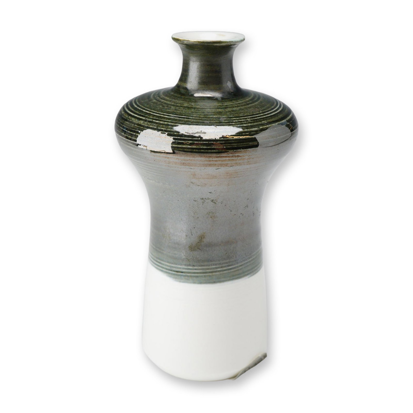 Wedgwood Bone China Lustre Bud Vase: This Wedgwood bone china bud vase features a modern waisted form characterized by a bulbous shoulder, a tapering mid-section, and a flared rim. The lower portion of the body is finished in a plain whi