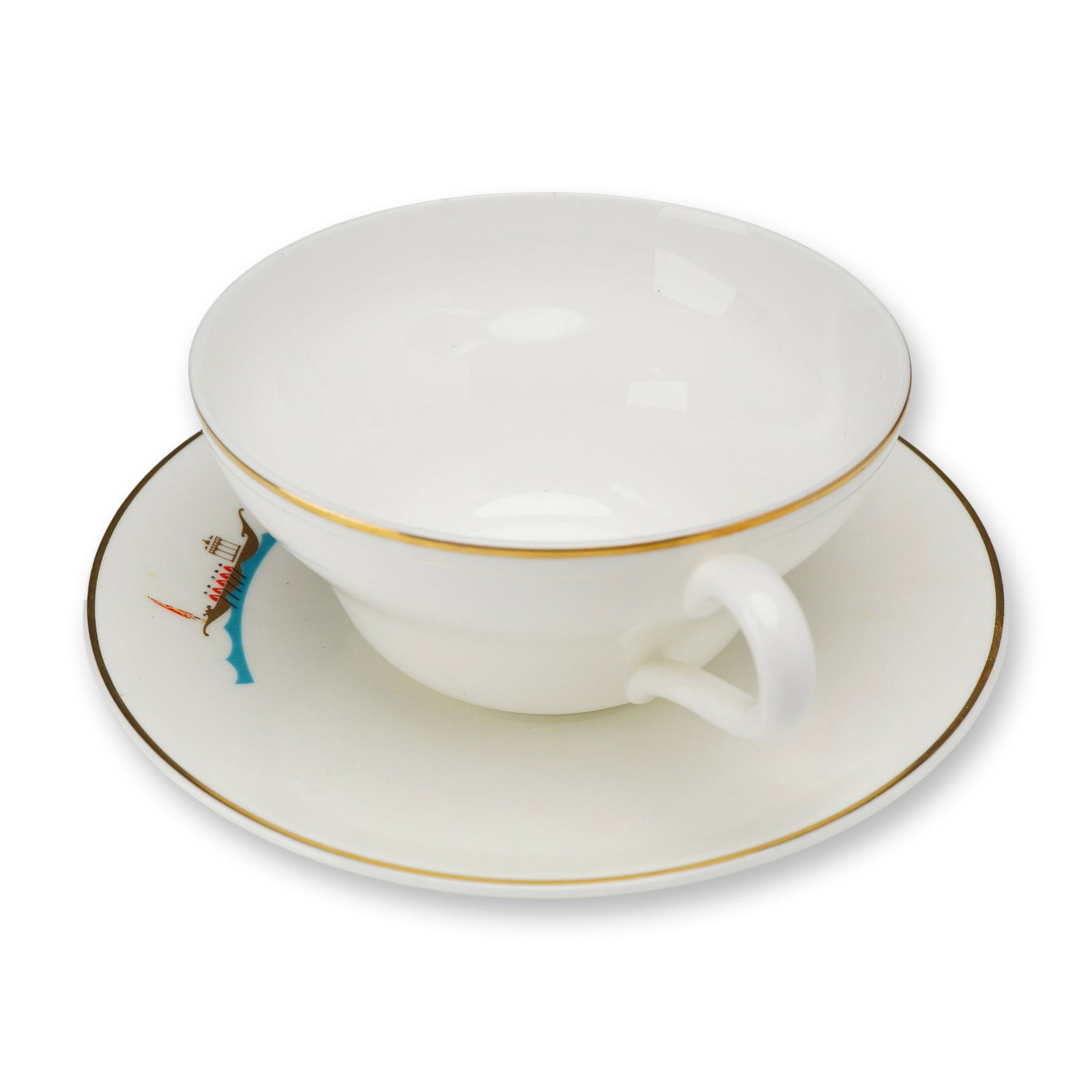 2pc Wedgwood for Savoy Hotel Bone China Royal Barge Cup and Saucer, ca. 1954: The set features the Royal Barge pattern, which was designed by Lady Robertson in 1939. Both pieces are characterized by a clean white ground and a gilded rim. The saucer is decorated with a transfer-