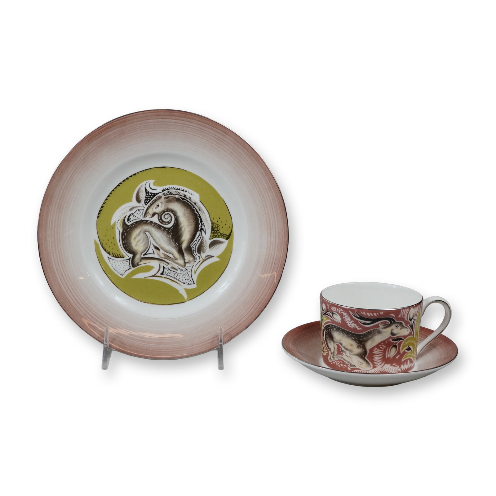 3pc Wedgwood Susie Cooper Genius Collection Recumbent Deer Fine Bone China Tea Set: This 3pc Wedgwood set is crafted from fine bone china and features a transfer-printed design. Part of the Genius Collection commemorating Wedgwood Women Designers of the 20th Century, this specific se
