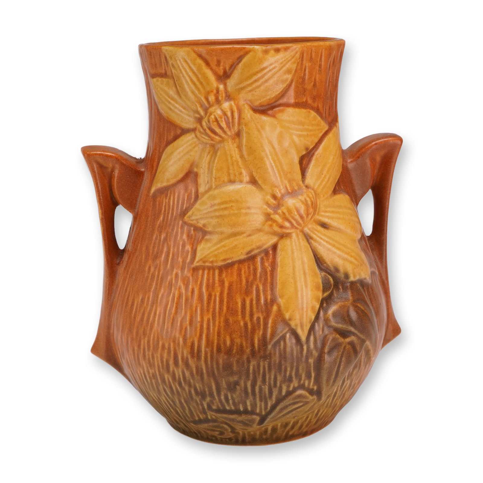 Roseville Pottery Double Handled Vase, Clematis Brown 103-6 (1 of 3)