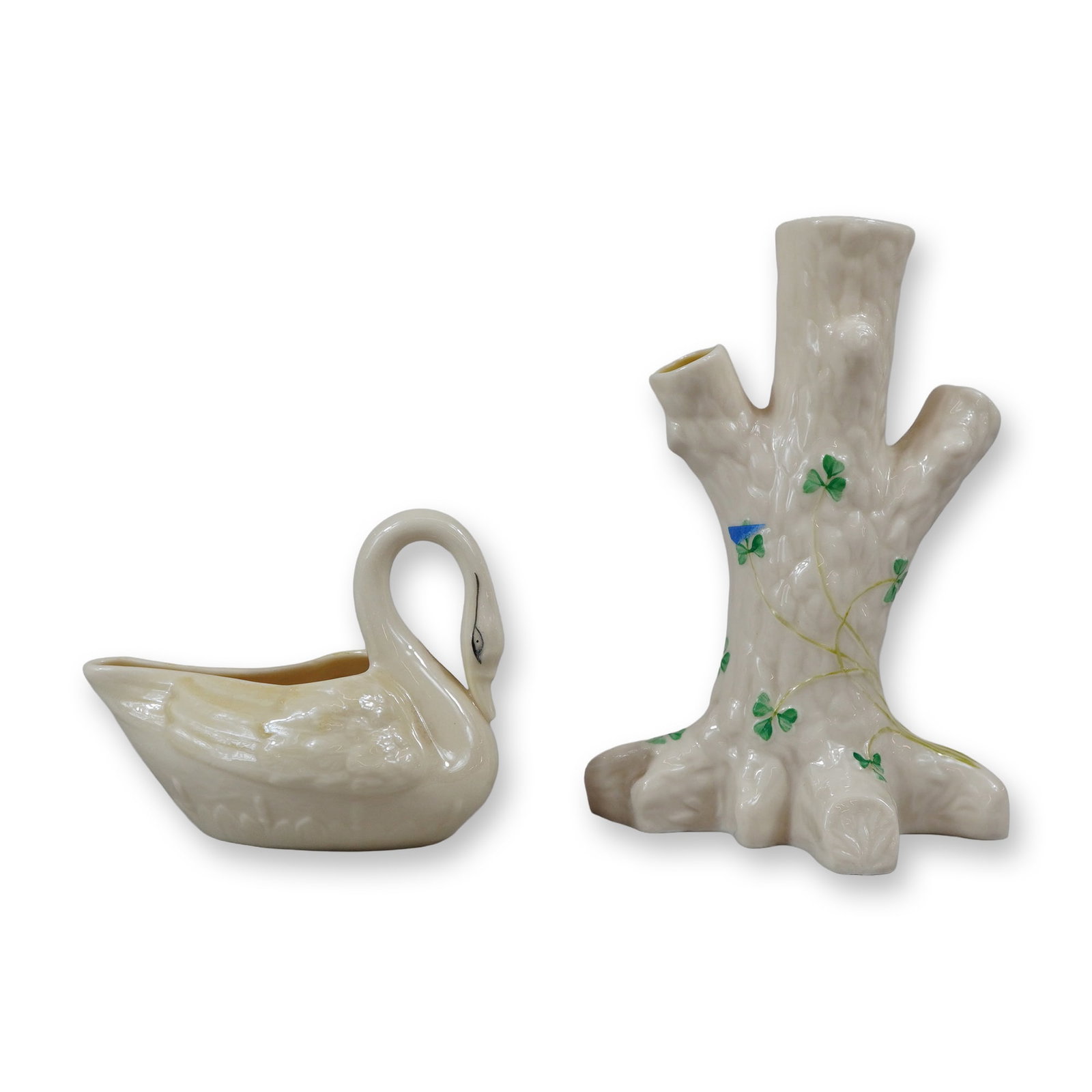 2pc Belleek Porcelain Pieces including a Tree Trunk Shaped Vase and a Swan Vase (1 of 3)